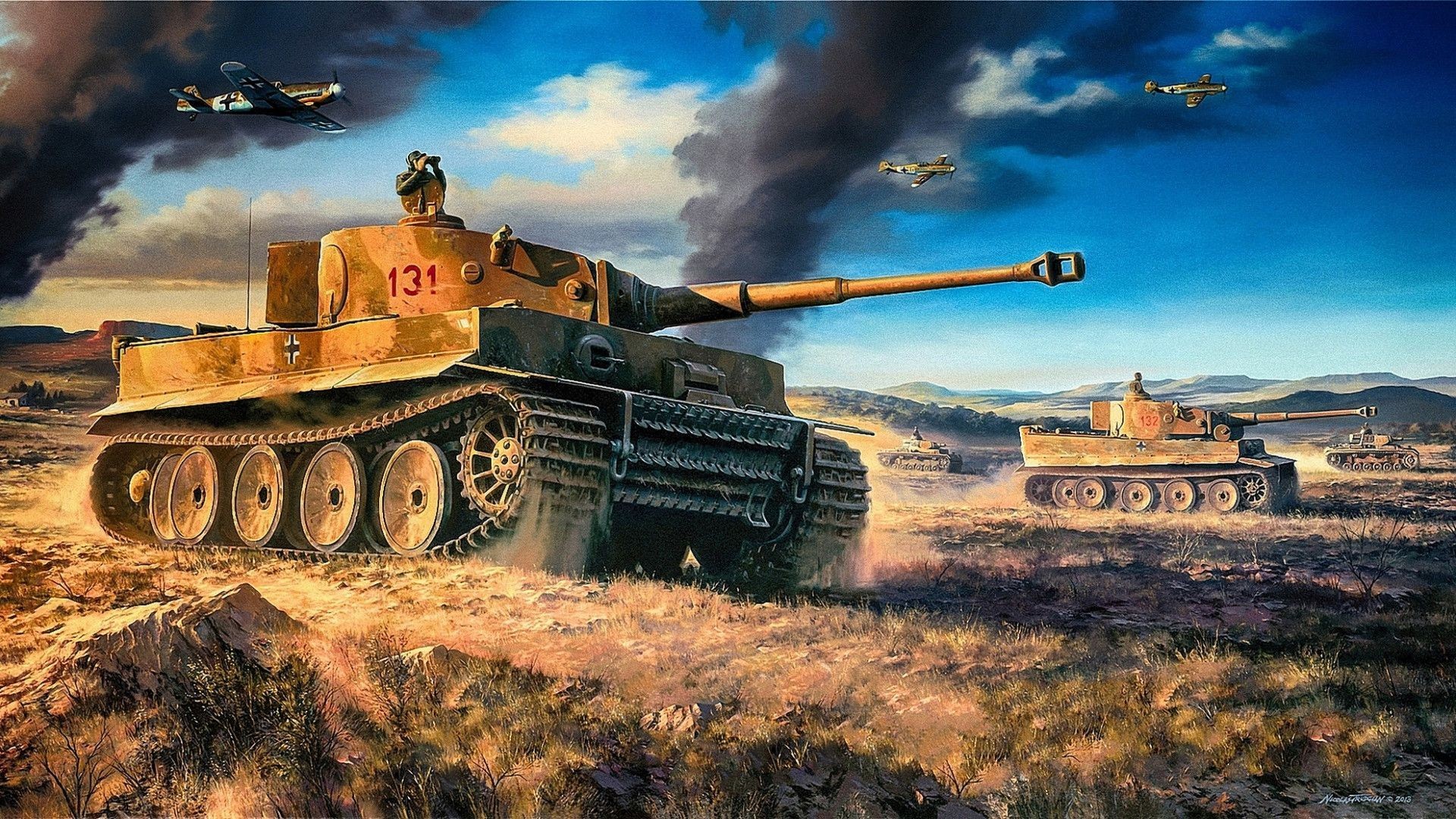 German Tiger I tanks and Messerschmitt Bf 109 aircraft in battle HD Wallpaper