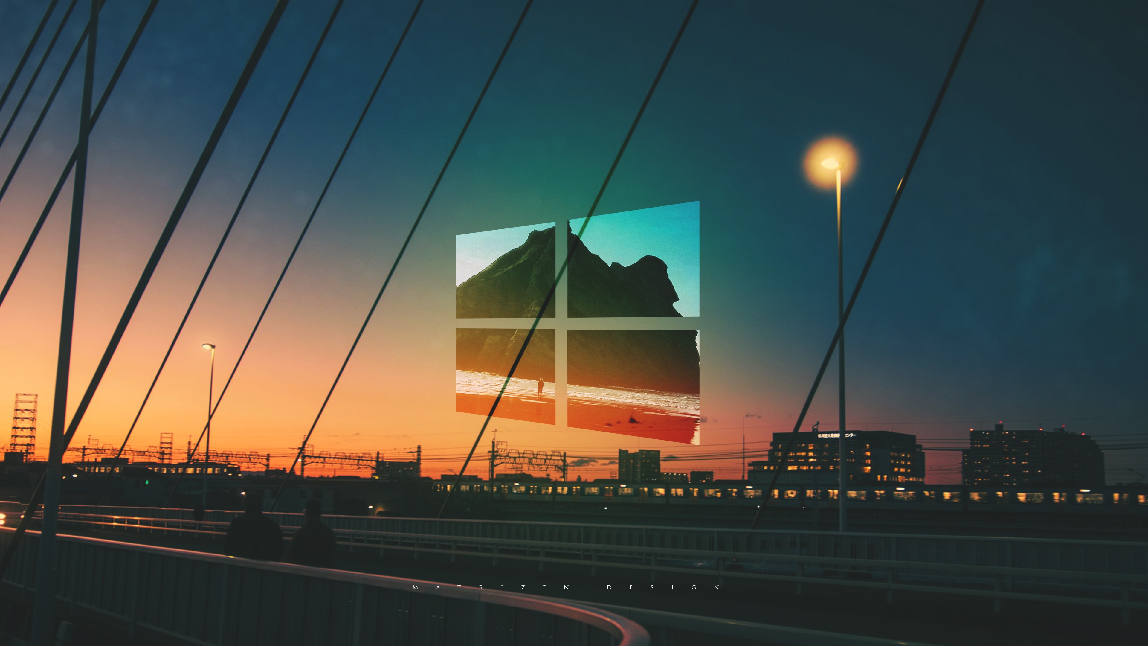 Sunset over bridge with Microsoft Windows logo HD Wallpaper