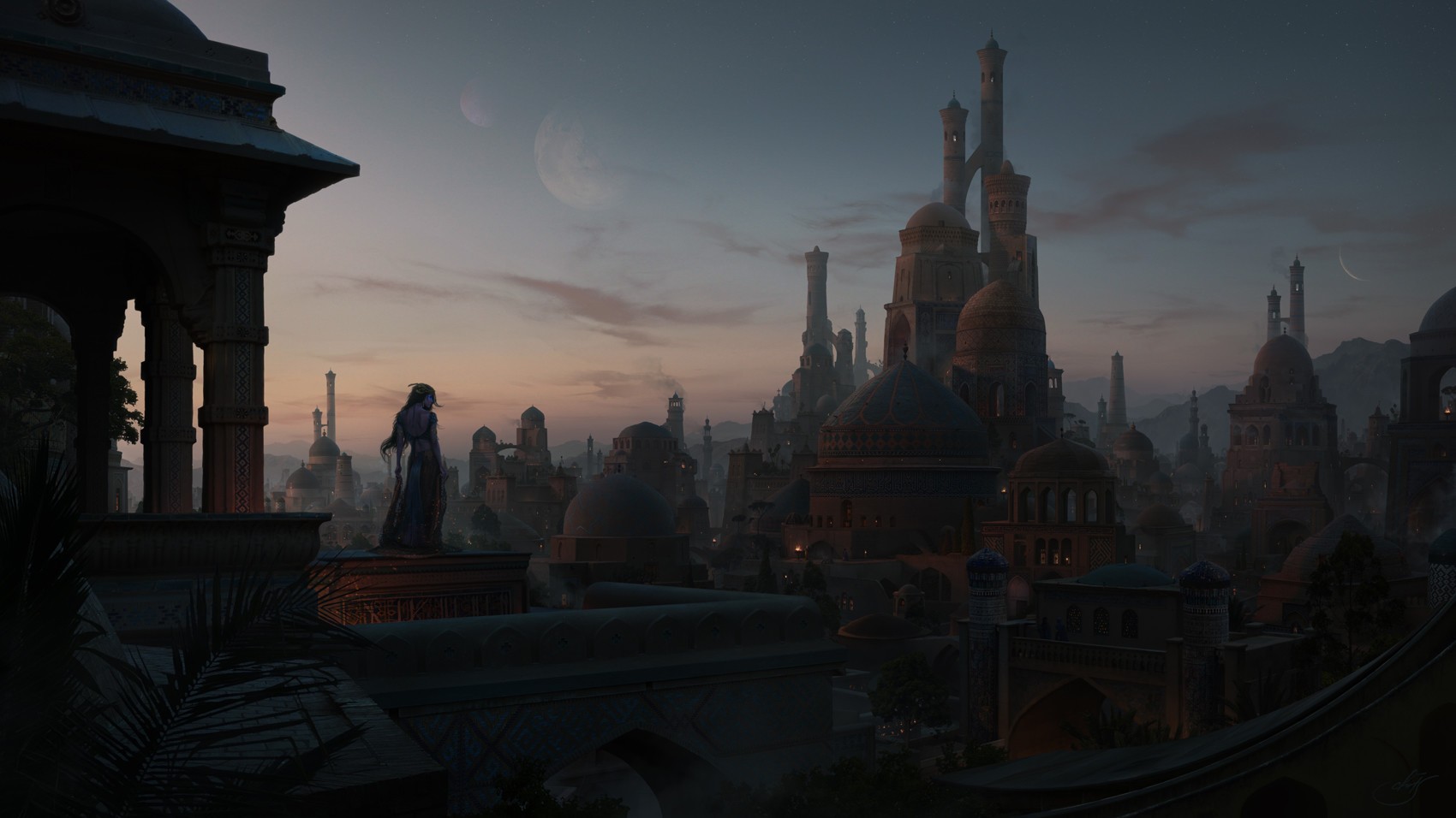 Fantasy city at dusk with moons HD Wallpaper