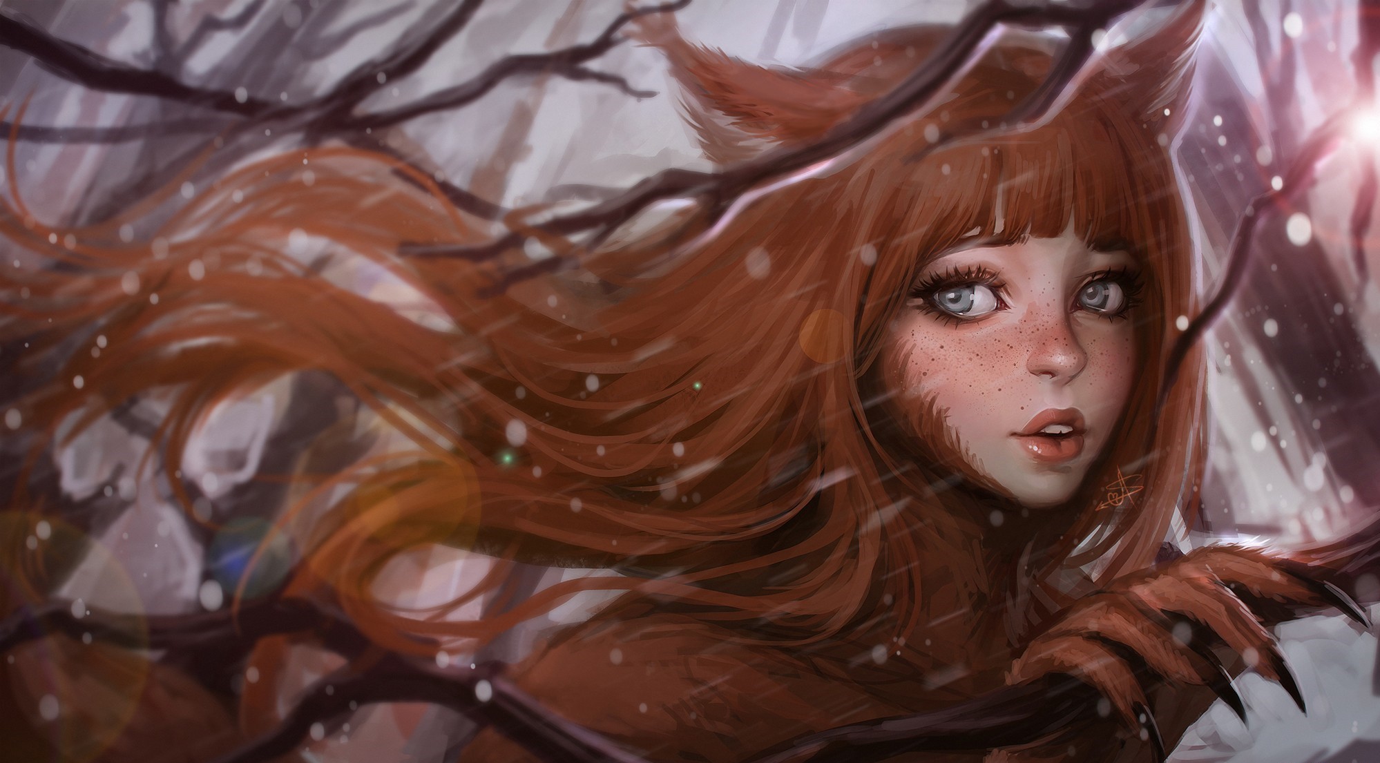 Fantasy fox girl with red hair in snowy forest HD Wallpaper