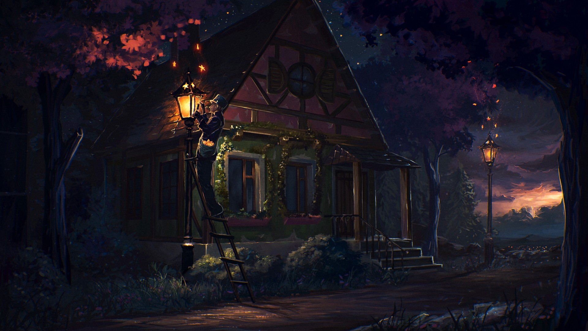 Person decorating a house with lights at night HD Wallpaper