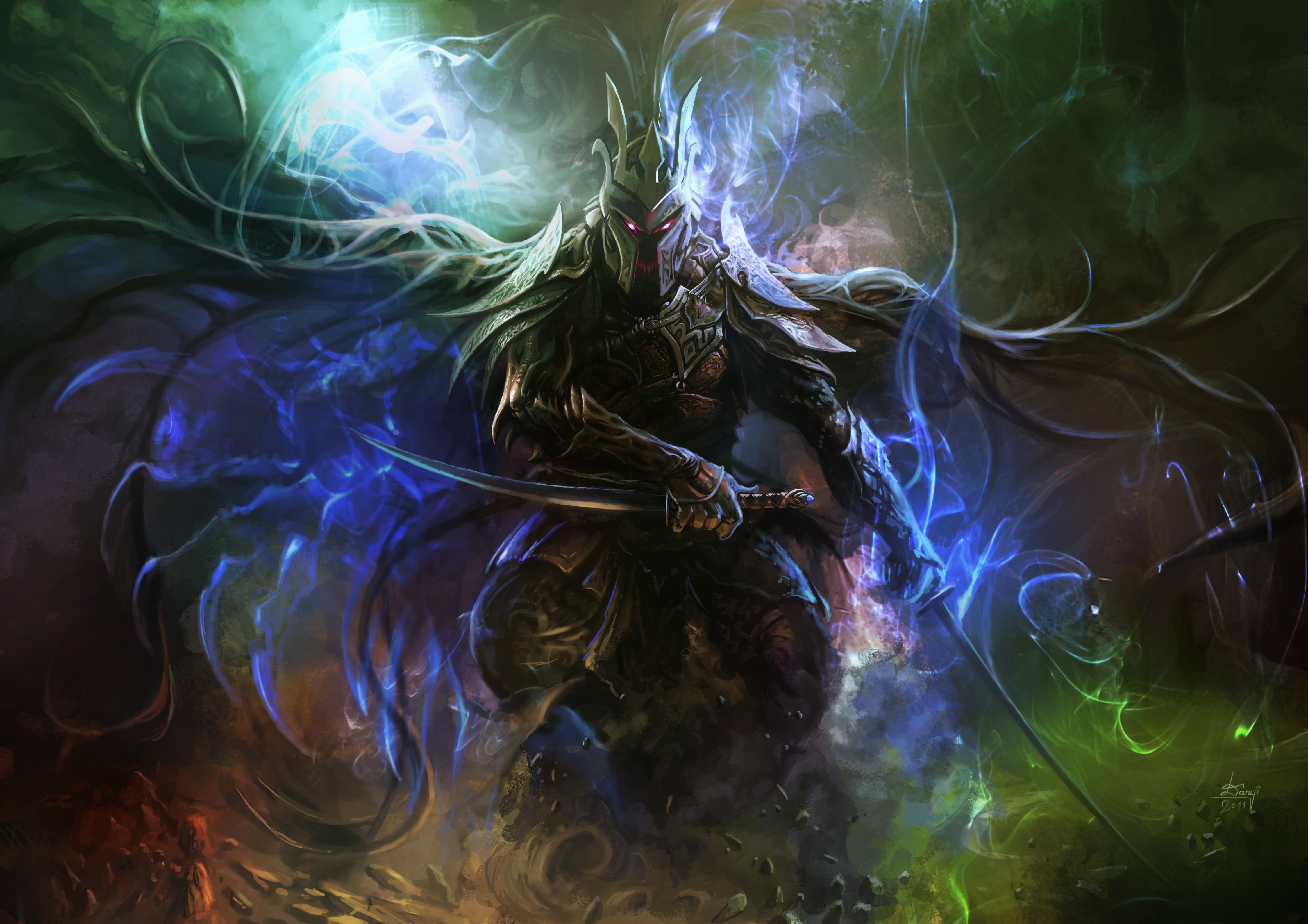 Fantasy warrior with glowing energy and swords HD Wallpaper