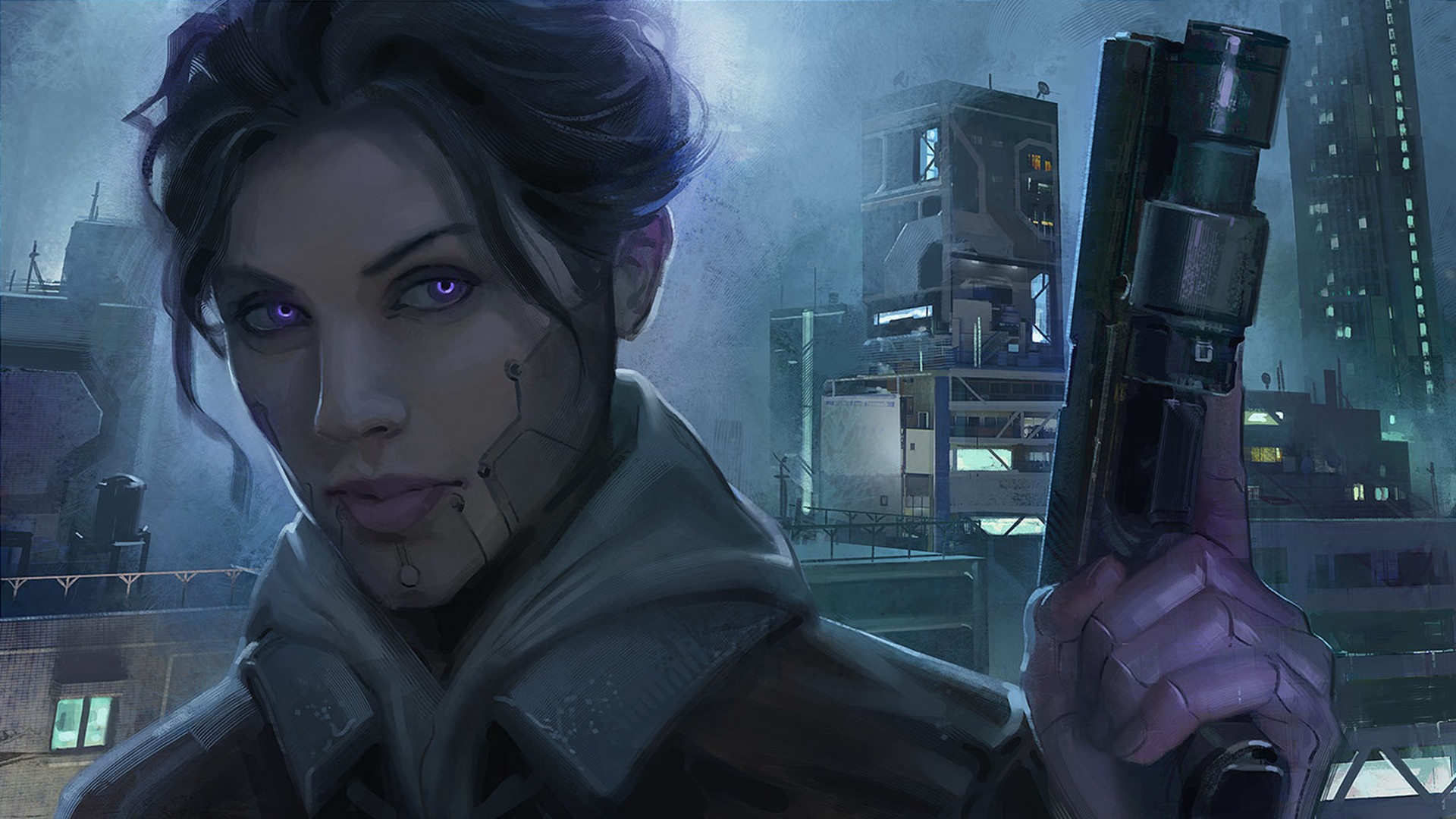 Cyberpunk woman with gun in futuristic city HD Wallpaper