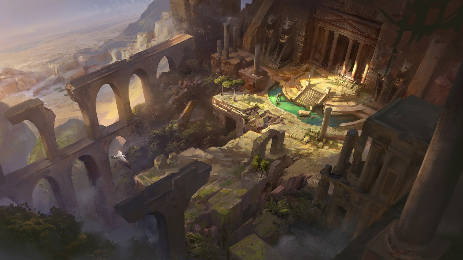 Fantasy ruins with ancient architecture and a bridge HD Wallpaper