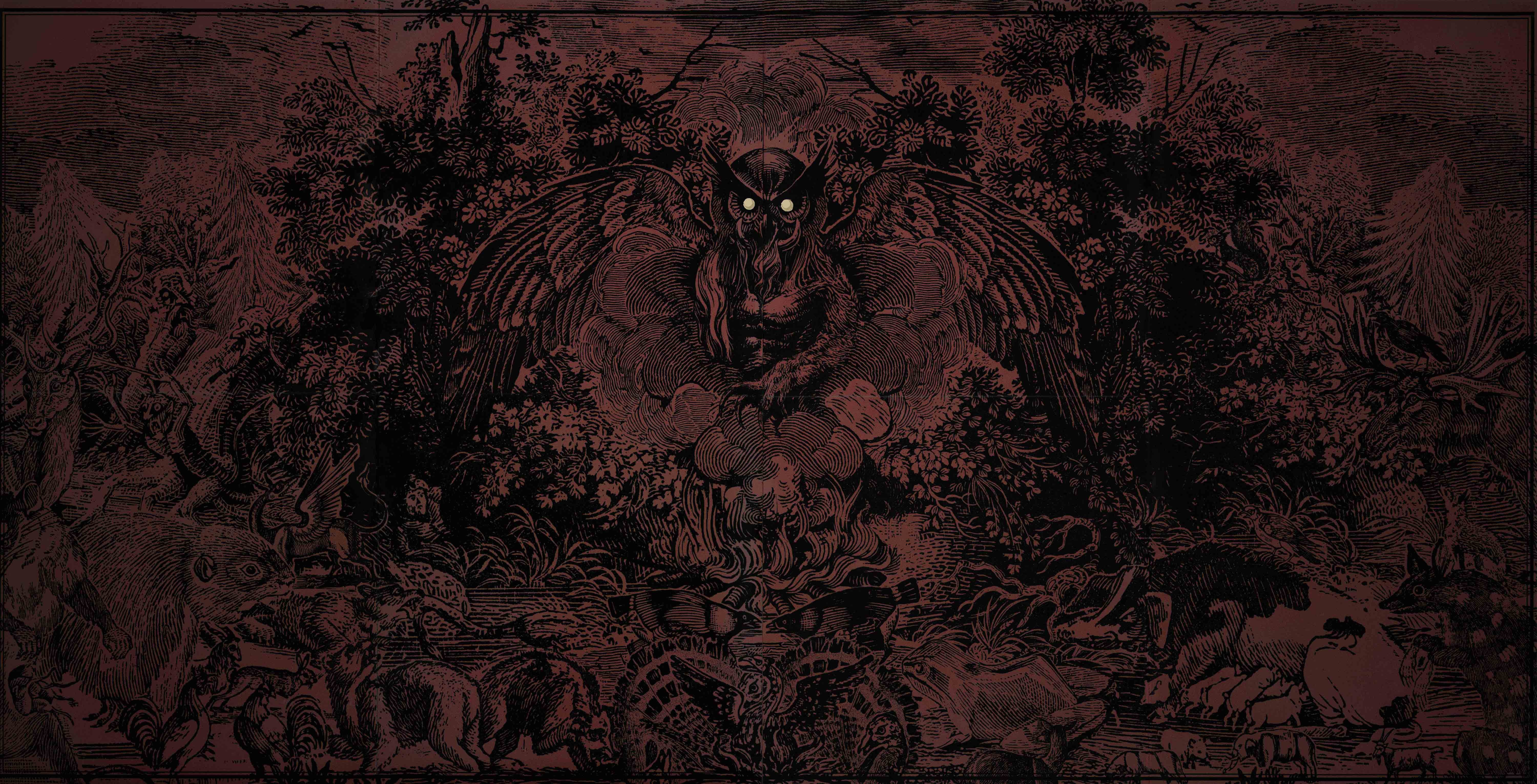 Dark fantasy artwork with owl and forest creatures HD Wallpaper