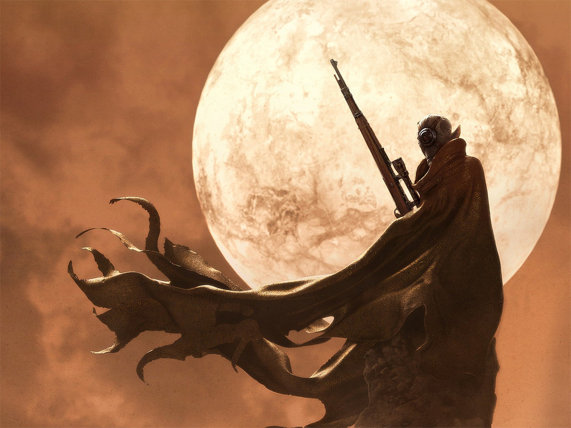 Fantasy hunter with sniper rifle under the moon HD Wallpaper