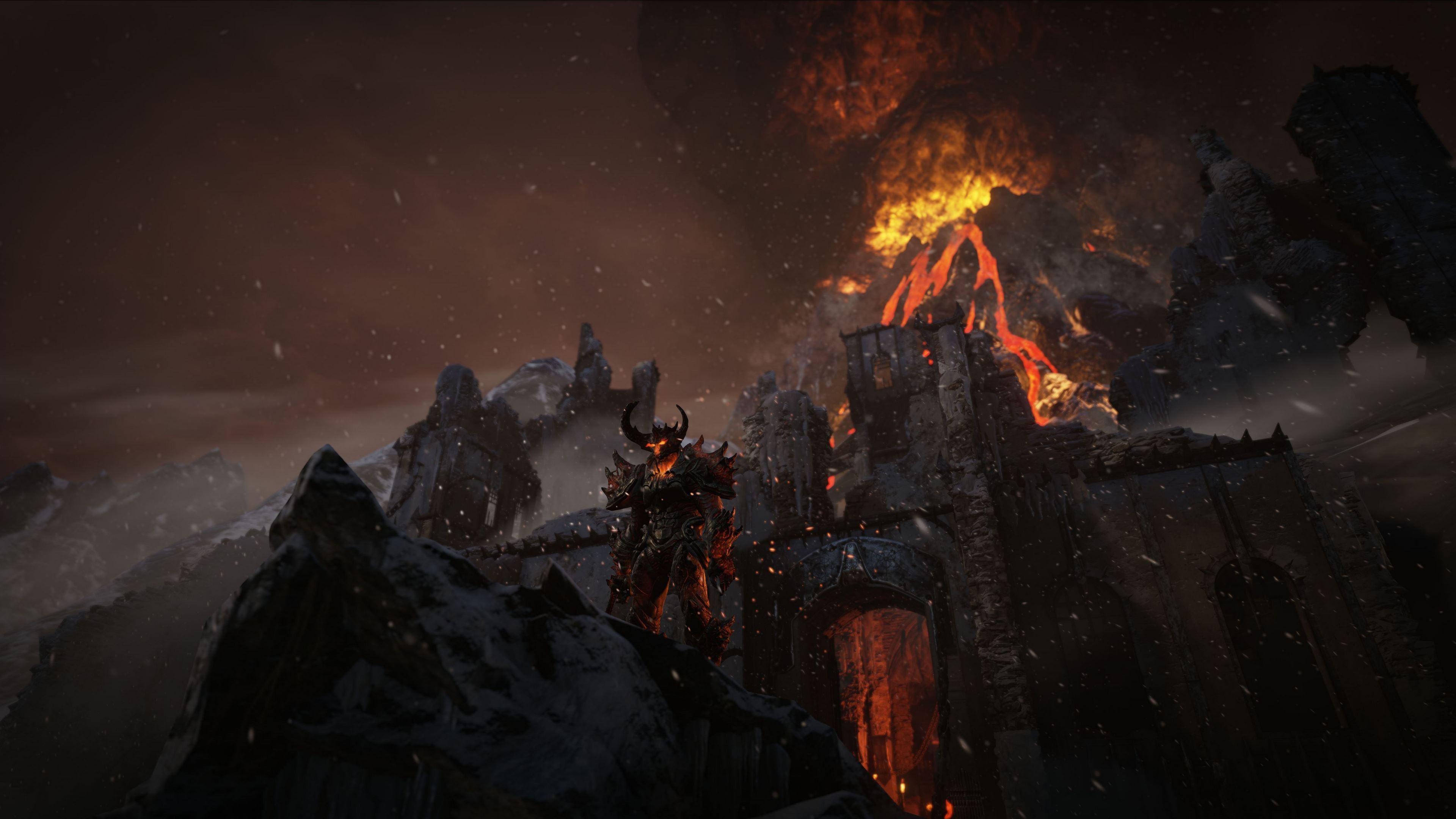 Fantasy warrior in front of a volcano HD Wallpaper