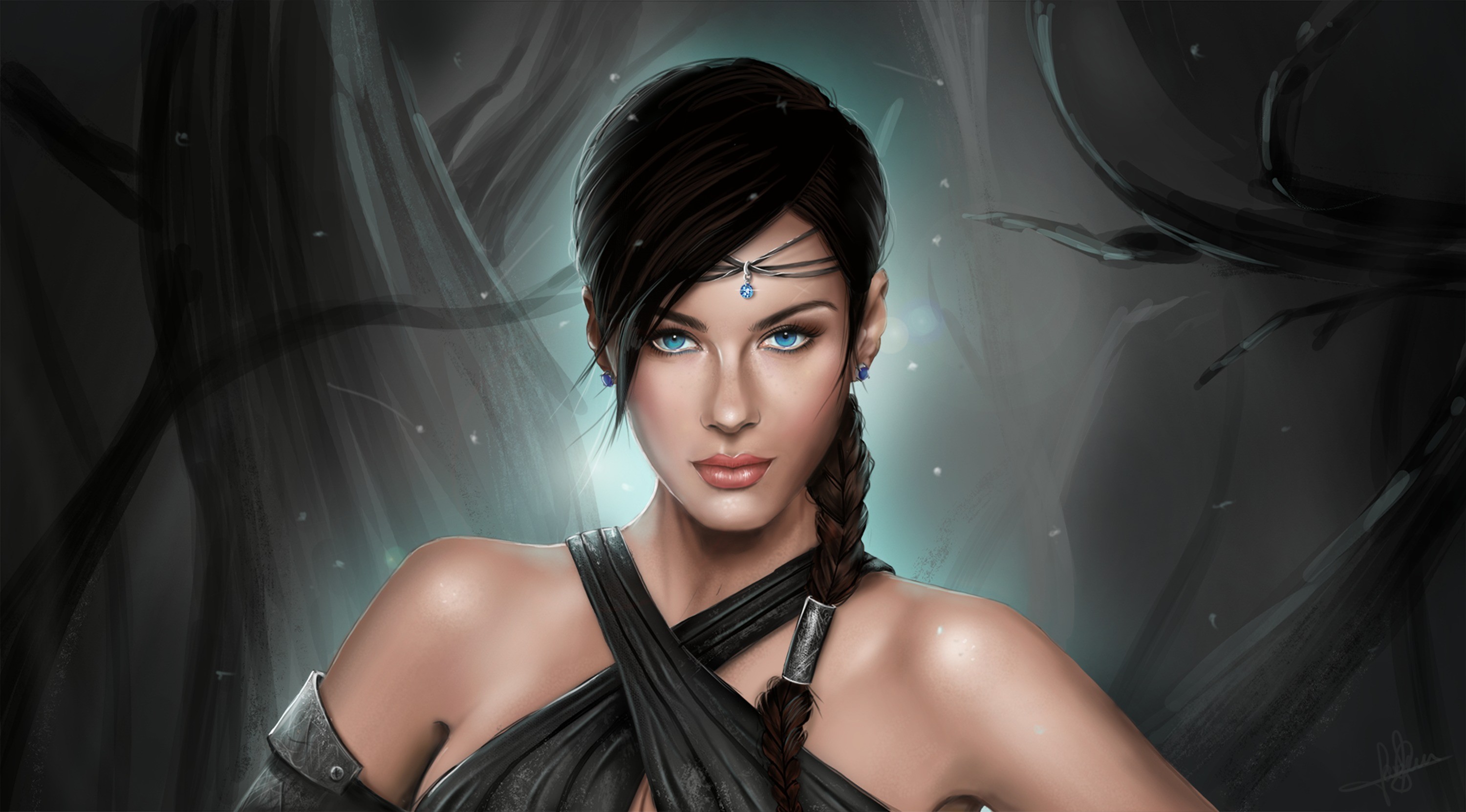 Fantasy art of a woman with blue eyes and braided hair HD Wallpaper