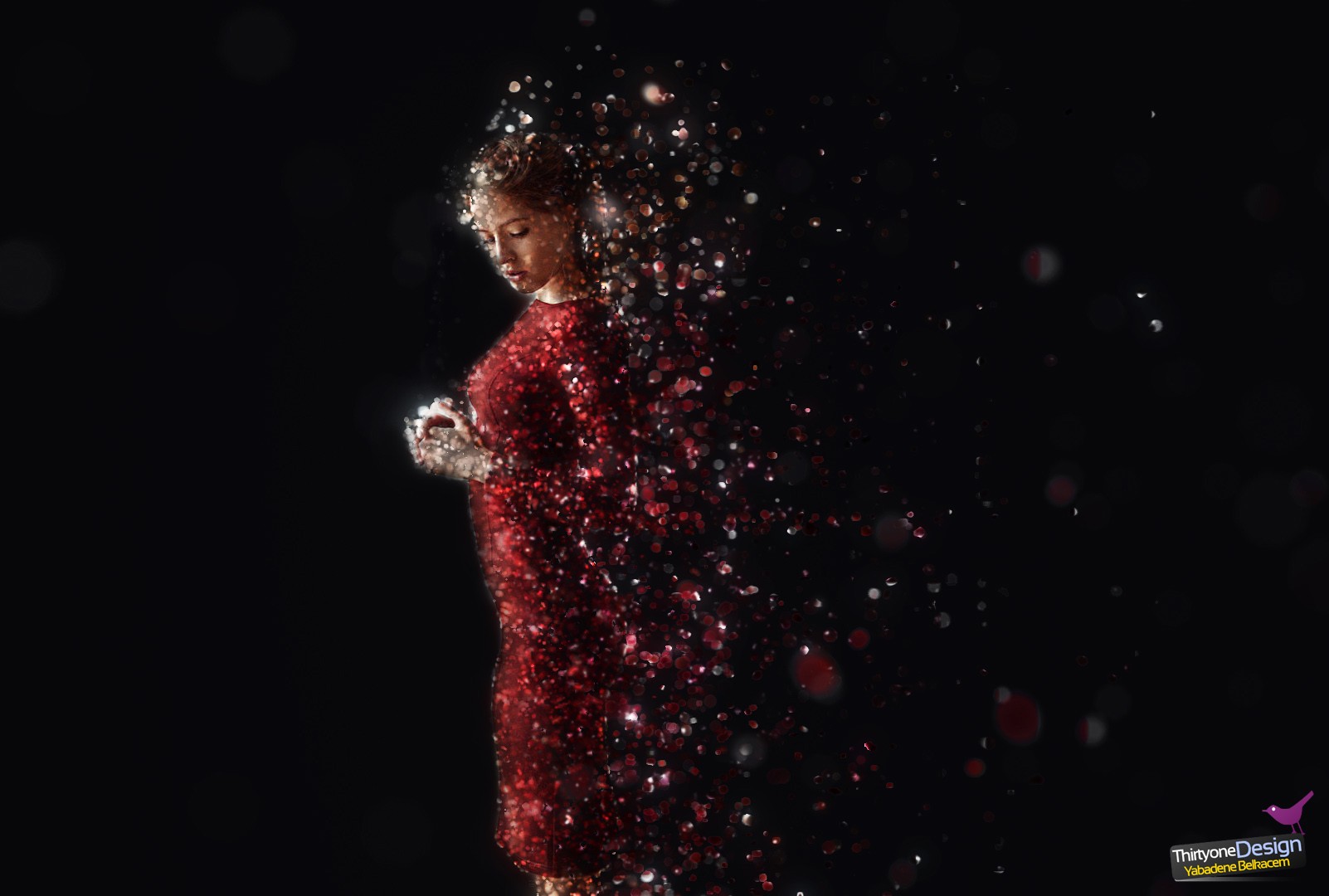 Woman in red glitter dress dissolving into particles HD Wallpaper
