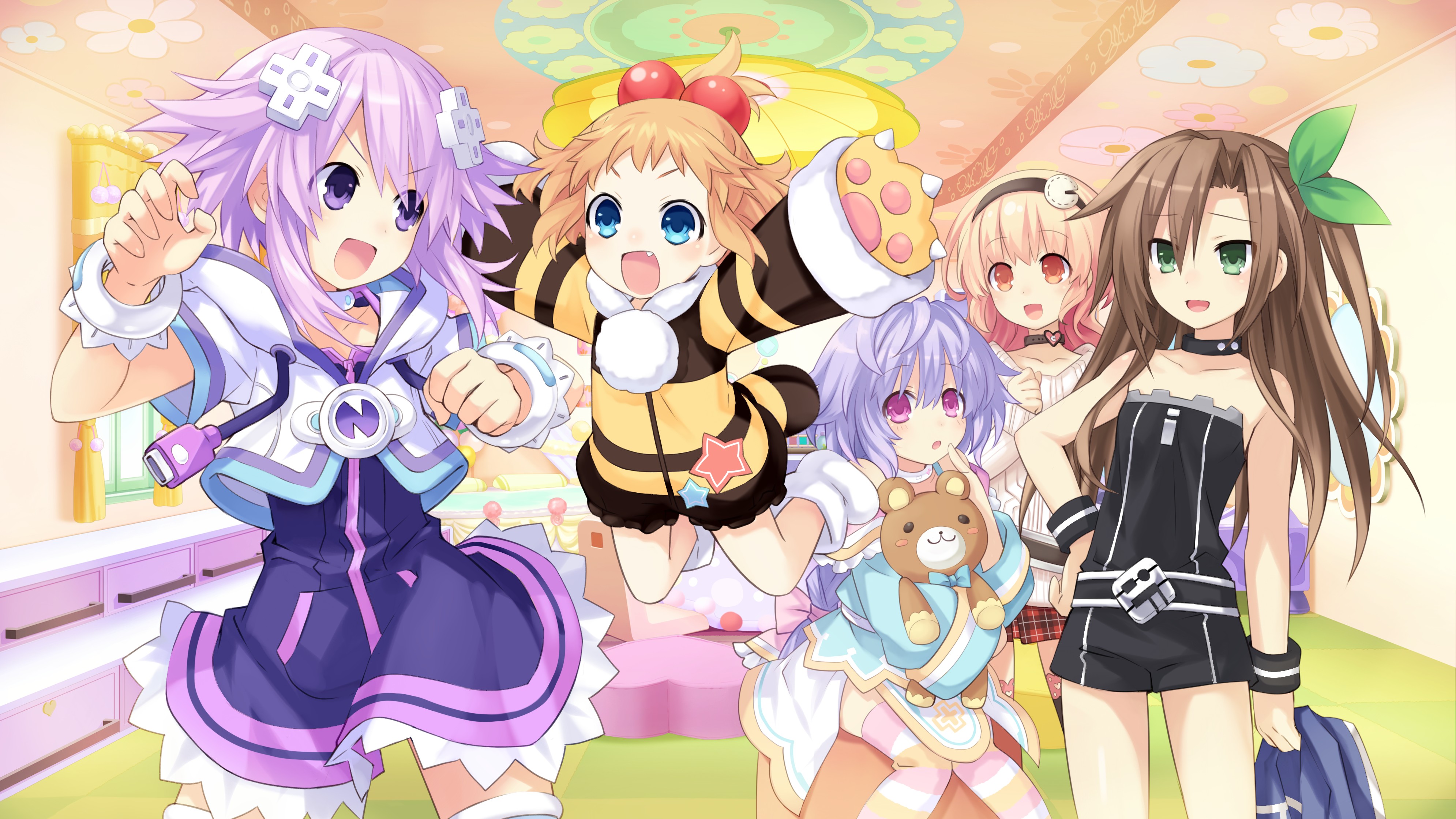 Hyperdimension Neptunia characters in a room HD Wallpaper