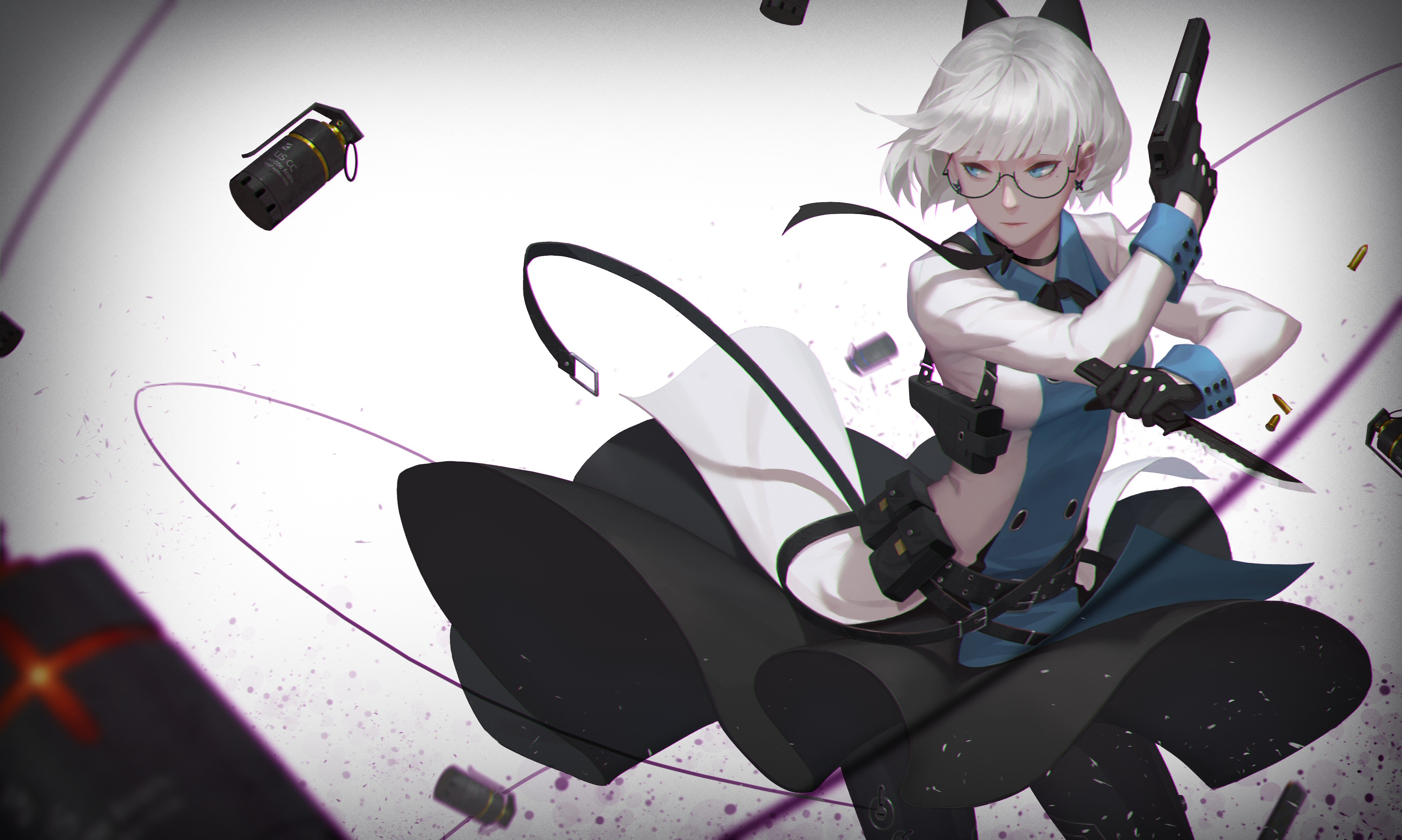 Anime girl with glasses, cat ears, holding gun and knife HD Wallpaper