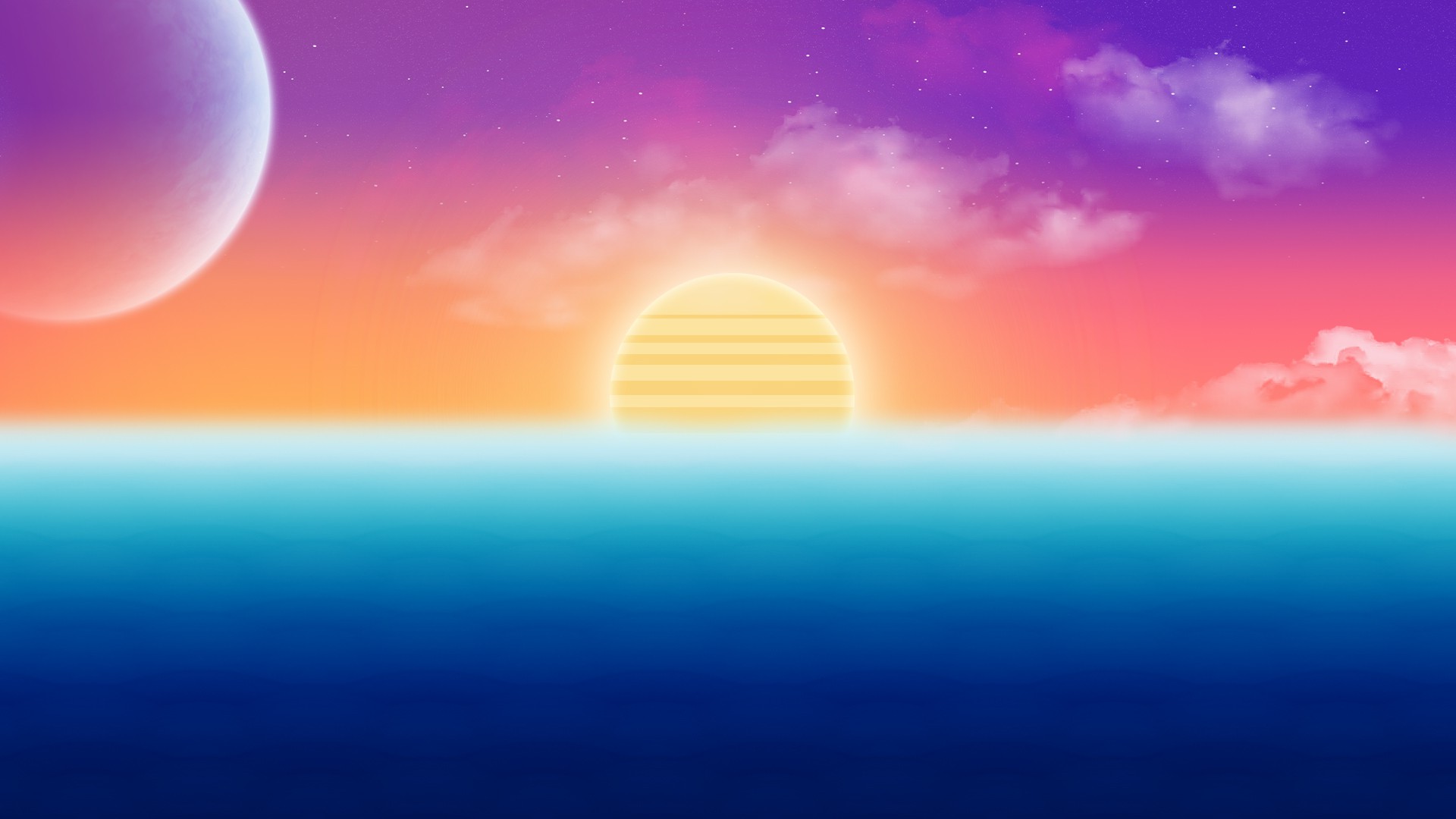 Retro sunset over ocean with planet and clouds HD Wallpaper