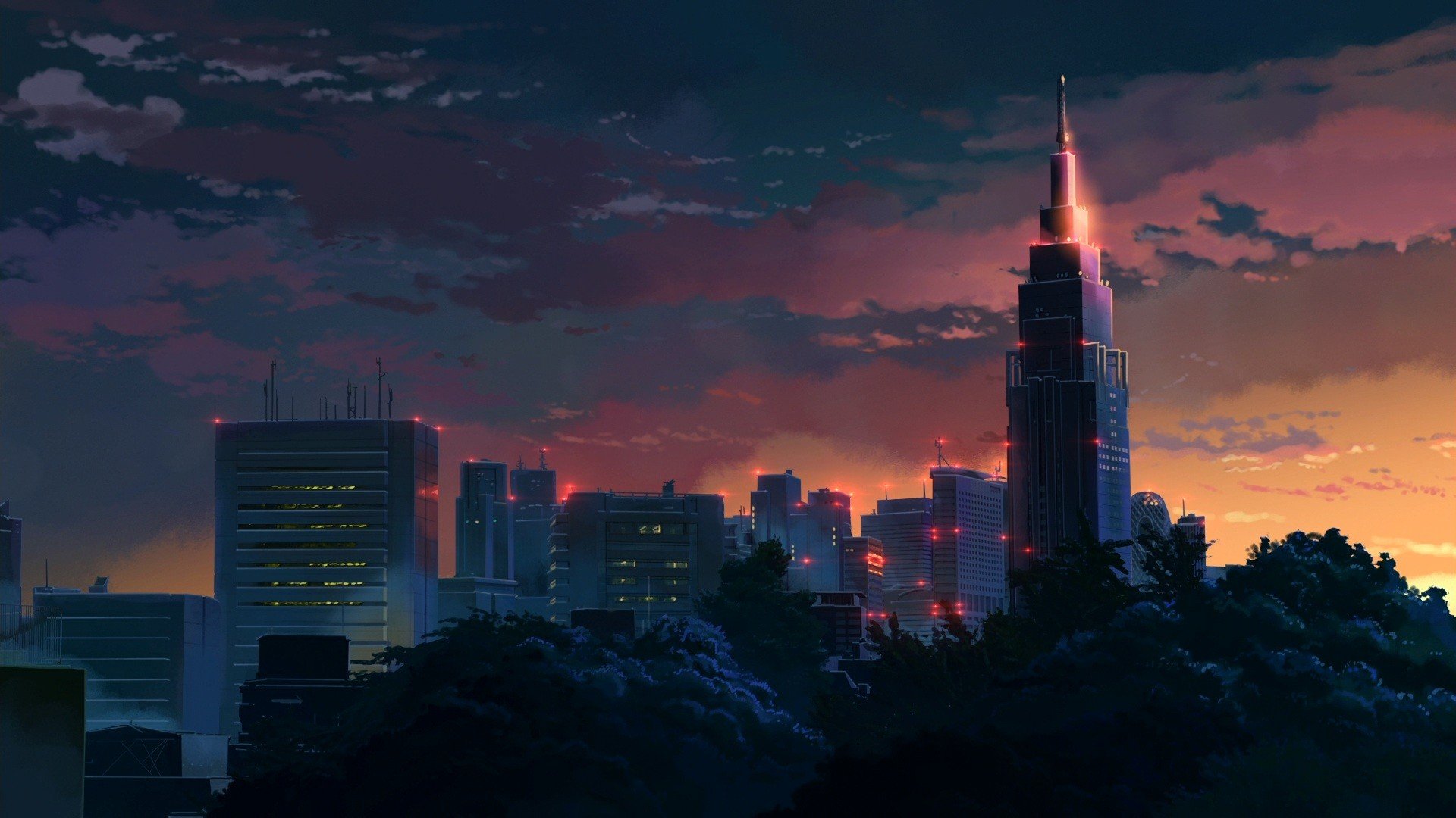 The Garden of Words cityscape at sunset HD Wallpaper