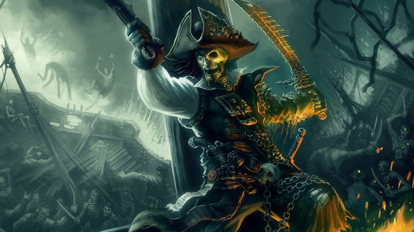 Undead pirate captain on a ship during a storm HD Wallpaper