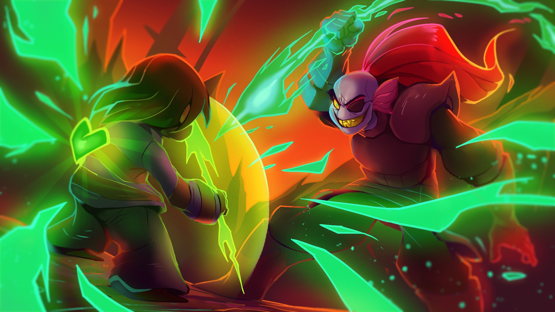 Frisk and Undyne from Undertale fighting HD Wallpaper