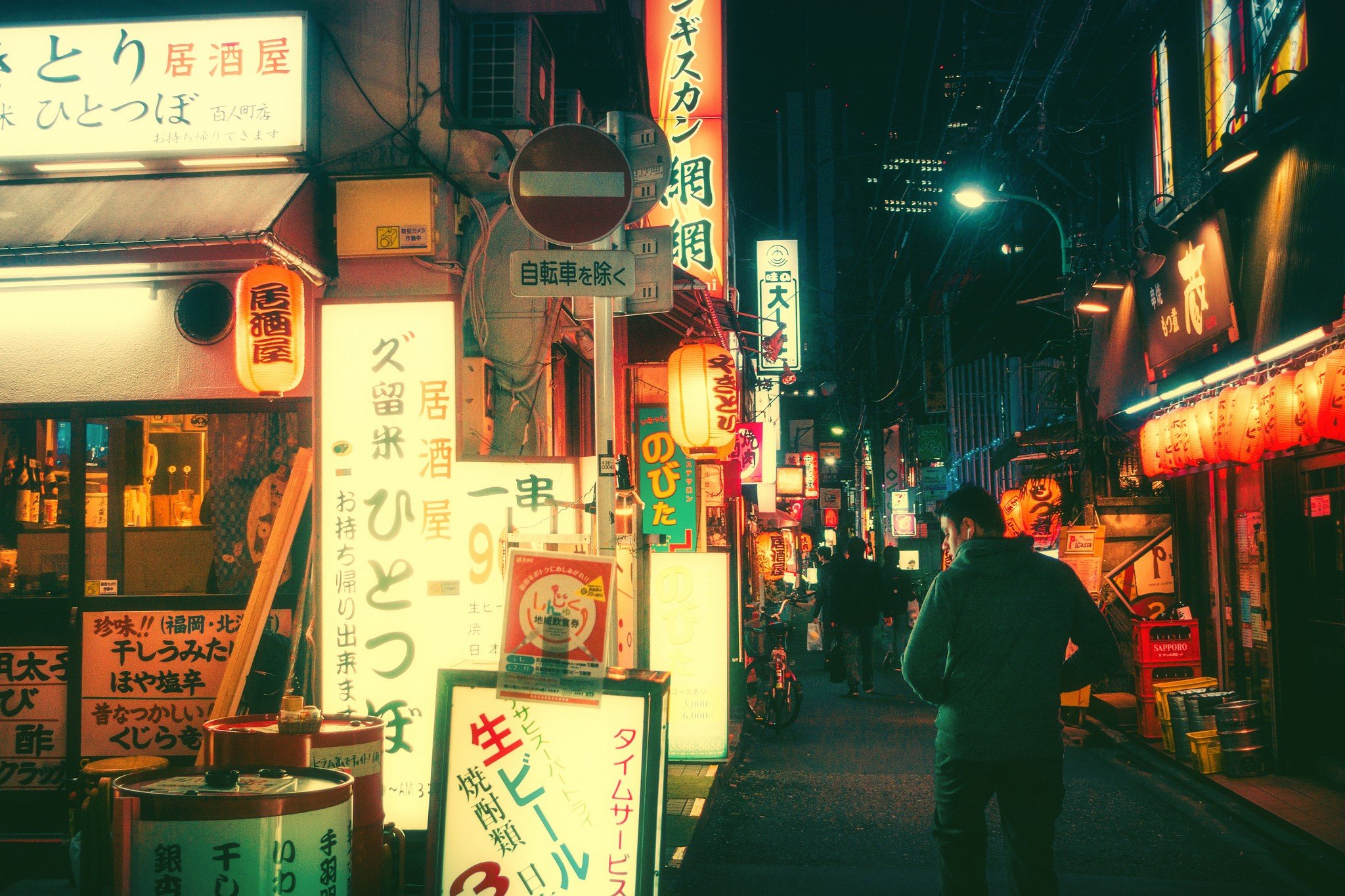 Japanese street at night with neon signs HD Wallpaper
