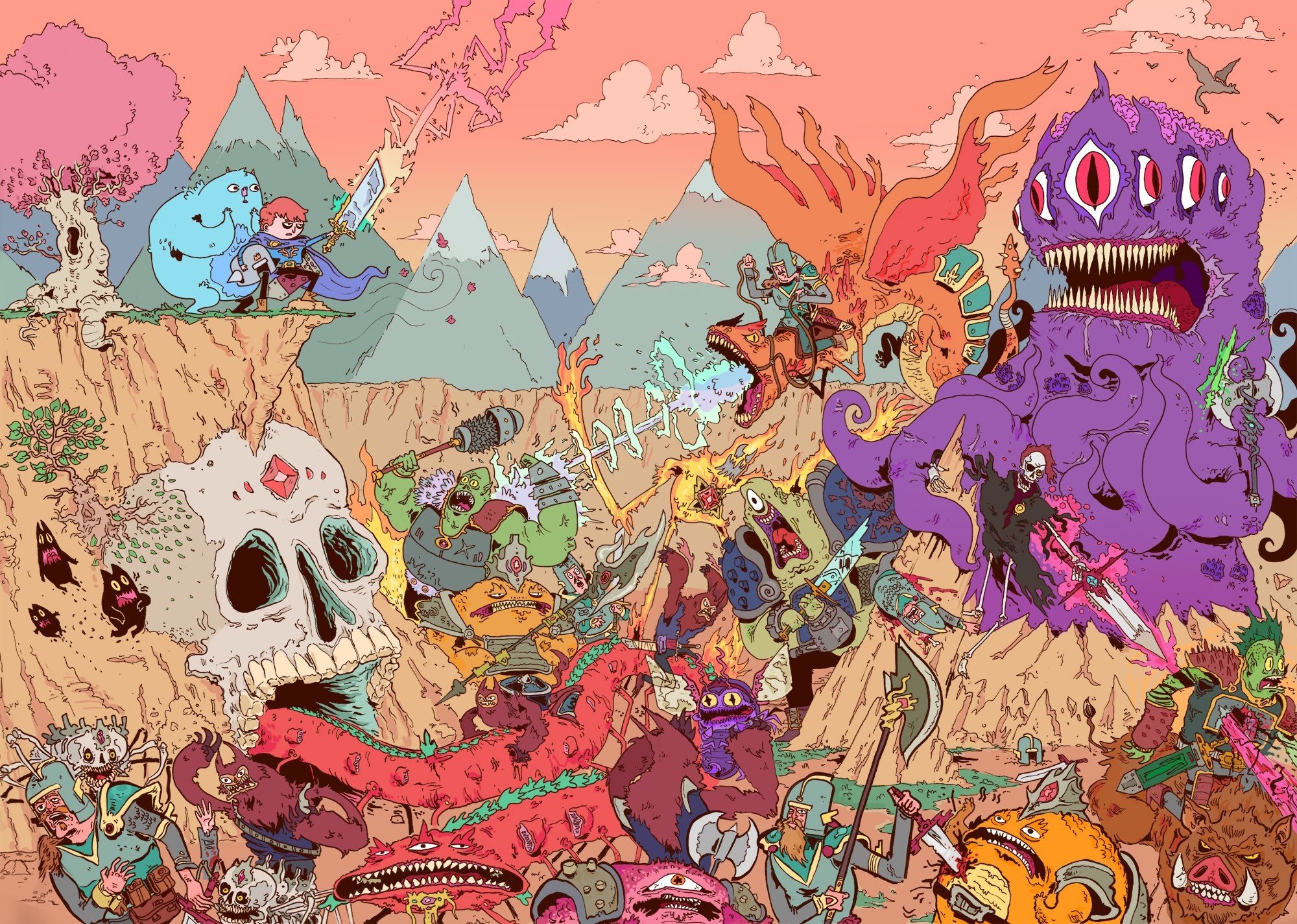 Fantasy battle with monsters and warriors HD Wallpaper