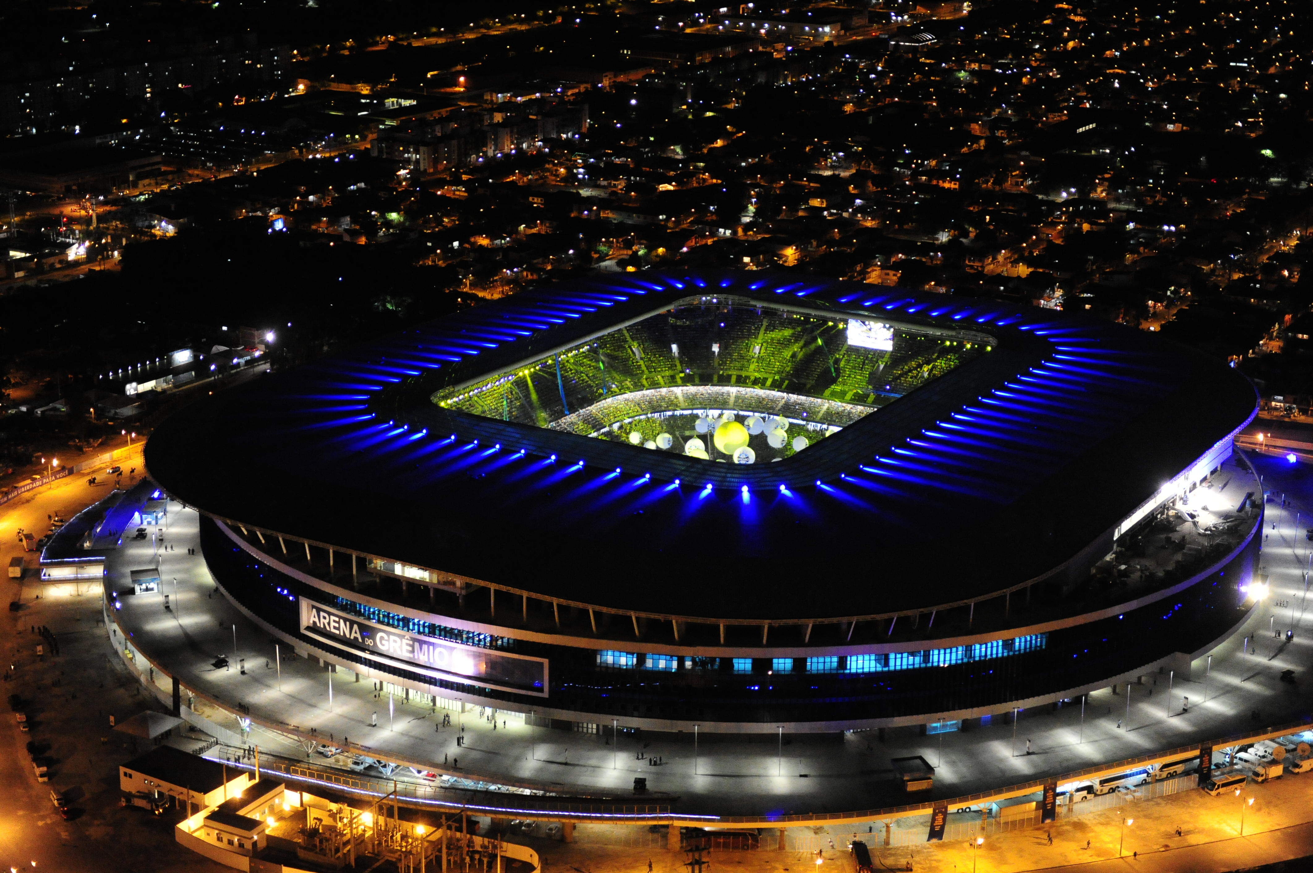 Arena do Grêmio at night with blue lights HD Wallpaper