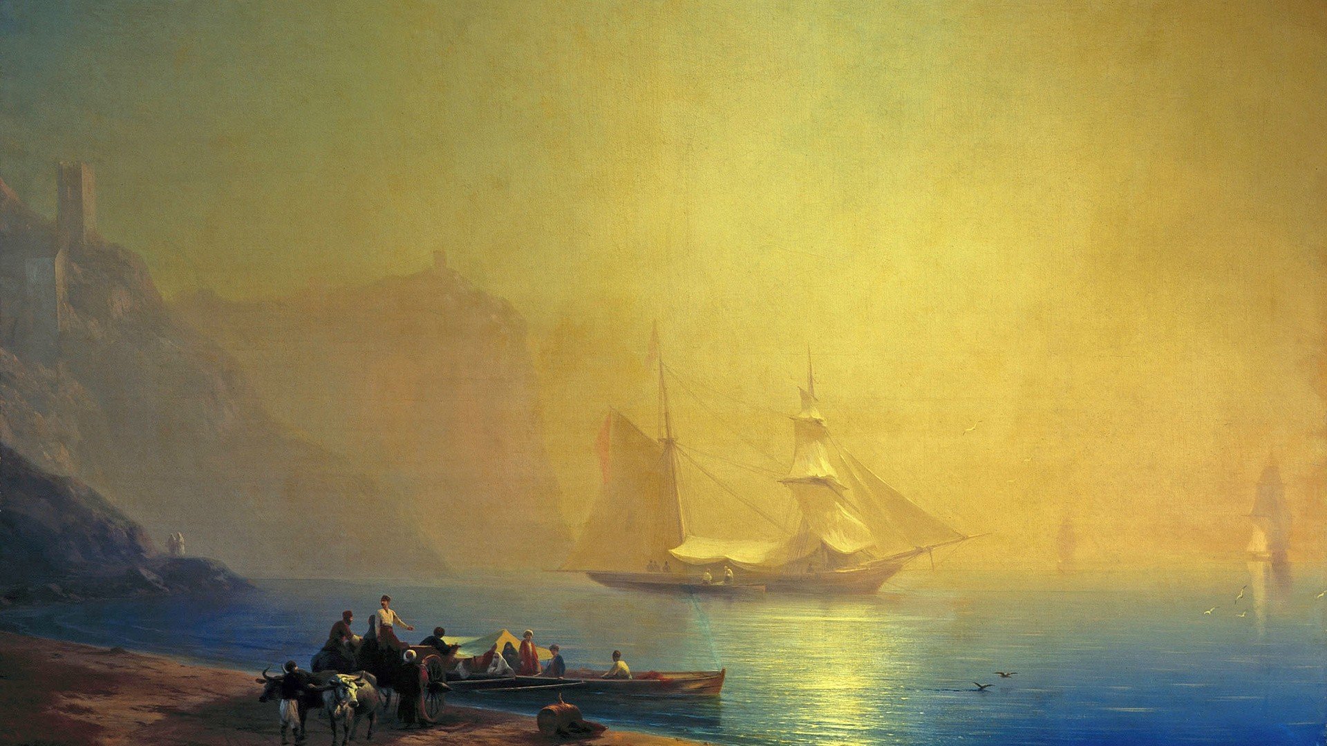 Seascape with Sailing Ships and Figures by Ivan Aivazovsky HD Wallpaper