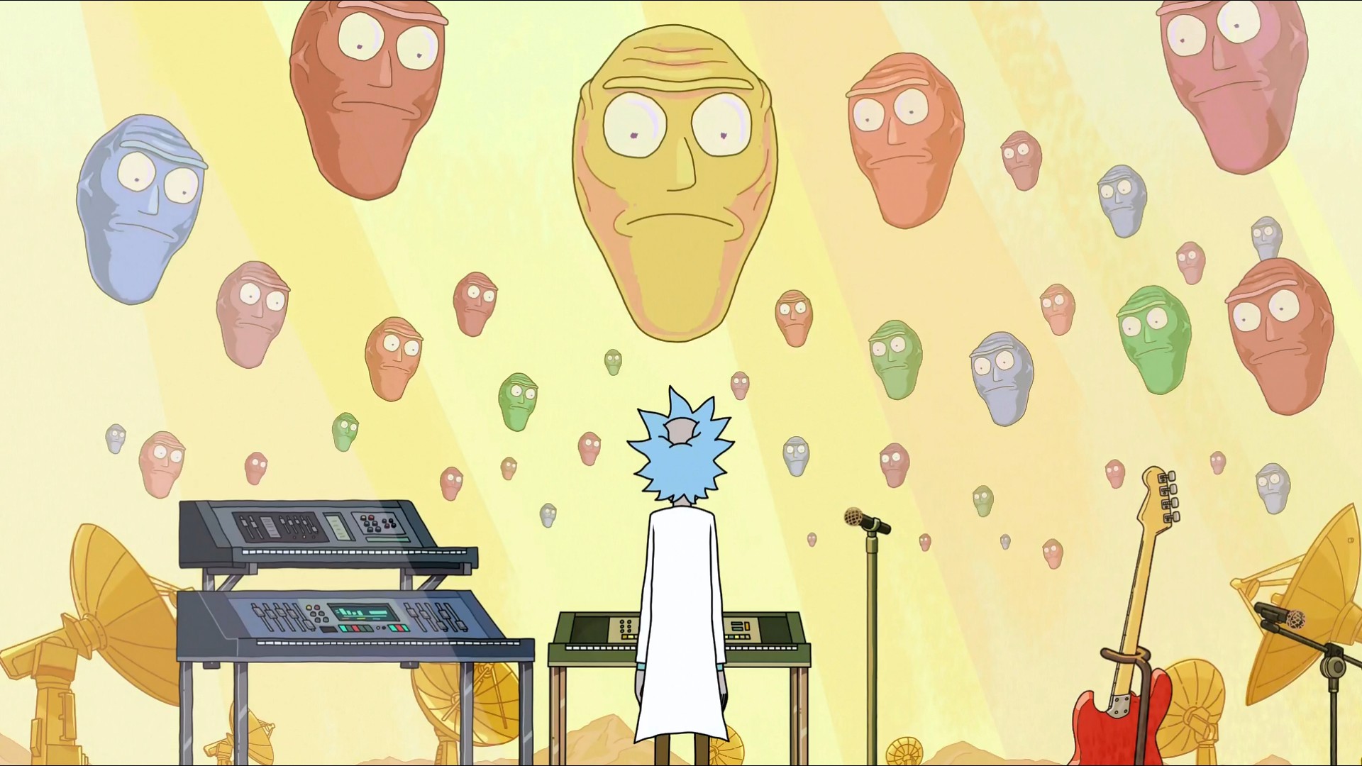 Rick Sanchez from Rick and Morty with floating heads HD Wallpaper
