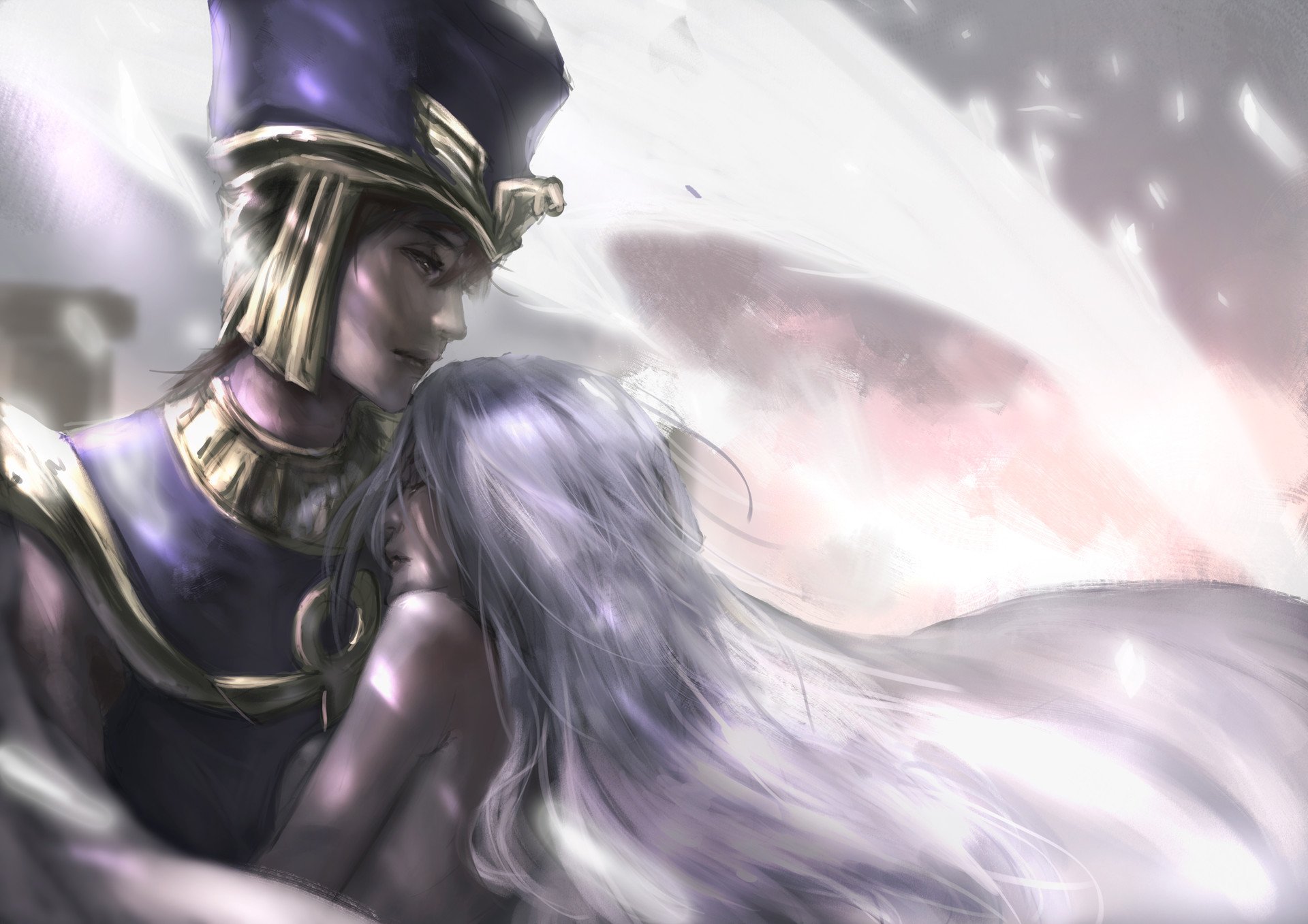 Man in Egyptian headdress embracing woman with white hair HD Wallpaper