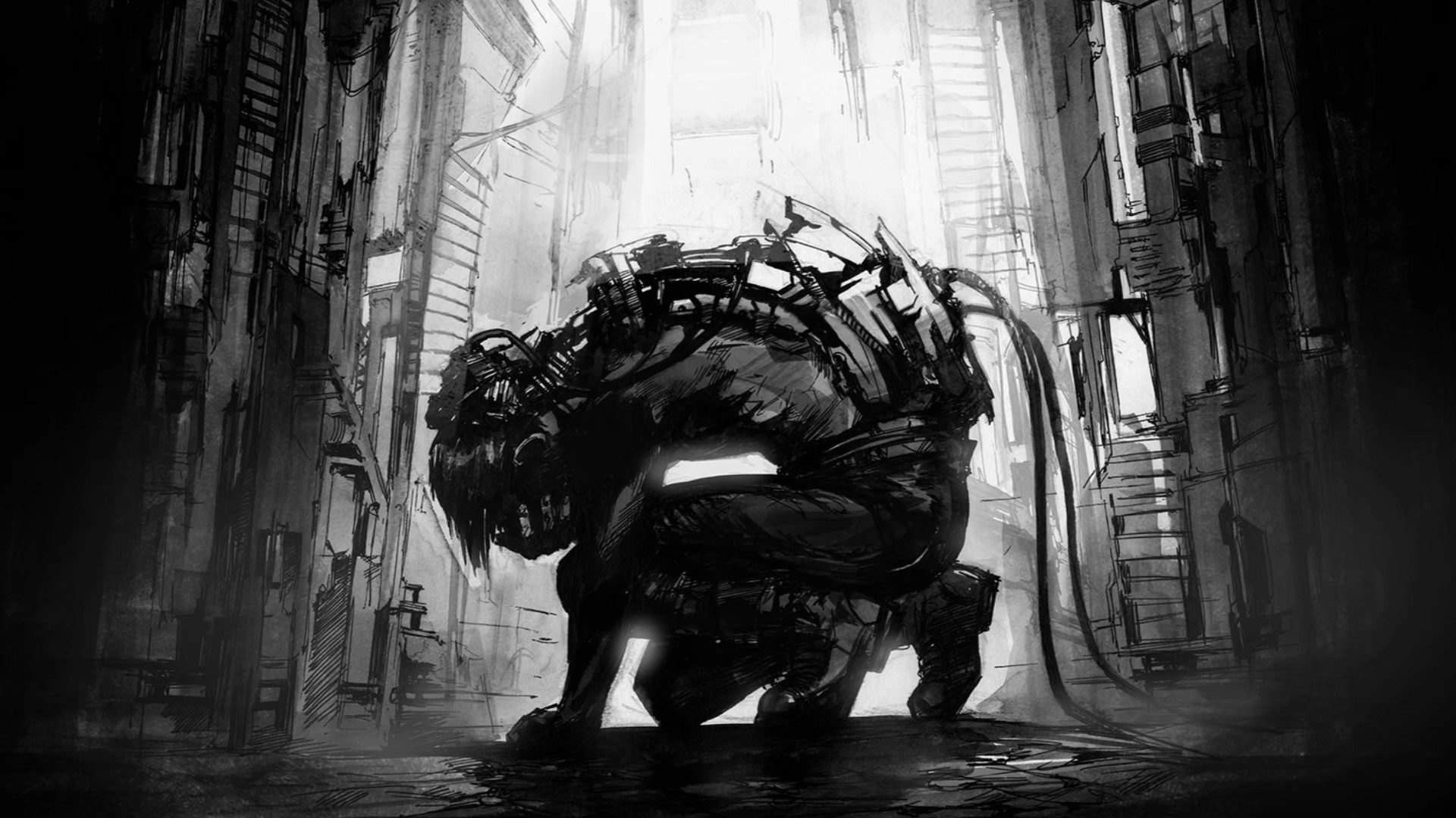 Cyberpunk robot with wires in a dark alley HD Wallpaper