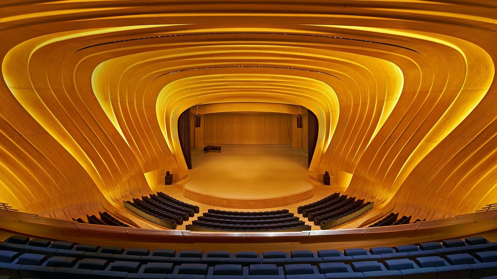 Modern concert hall interior with wooden design in Baku, Azerbaijan HD Wallpaper