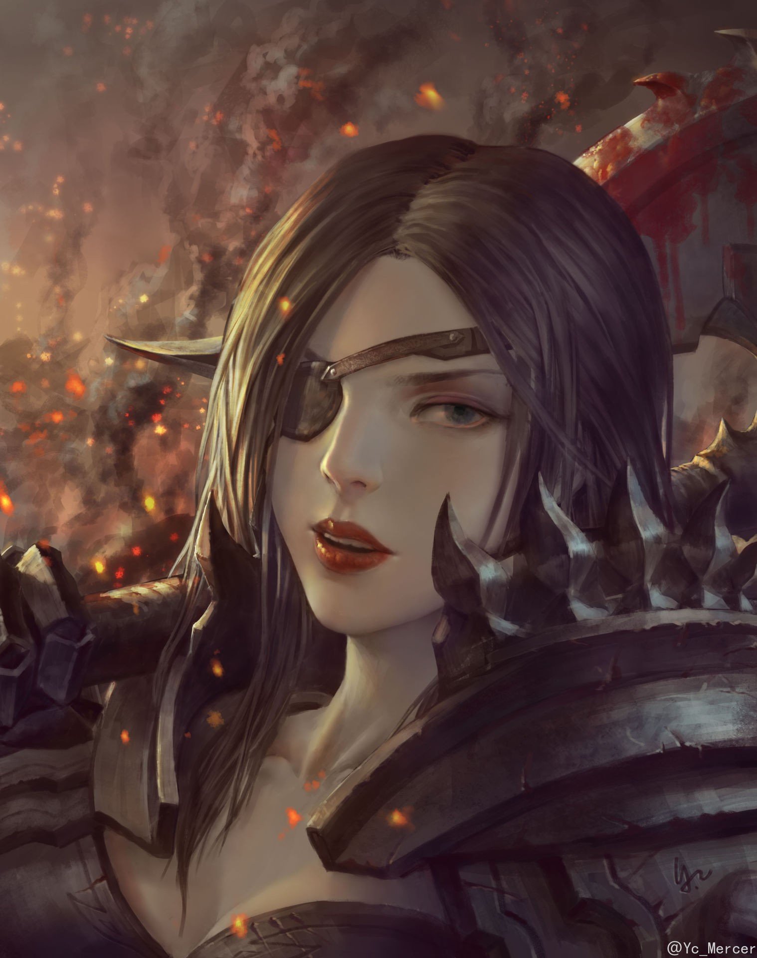 Woman with eyepatch and armor in front of fire HD Wallpaper