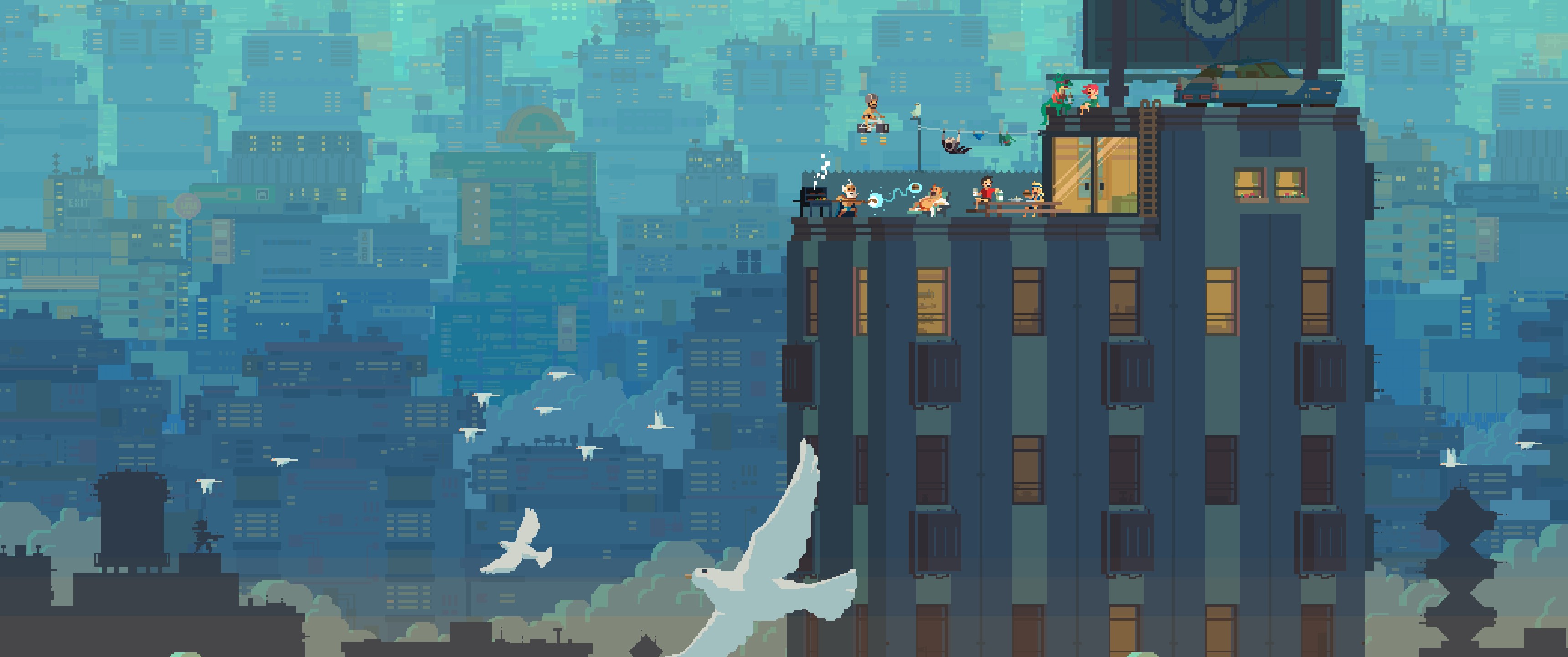 Pixel art cityscape with people on a rooftop HD Wallpaper