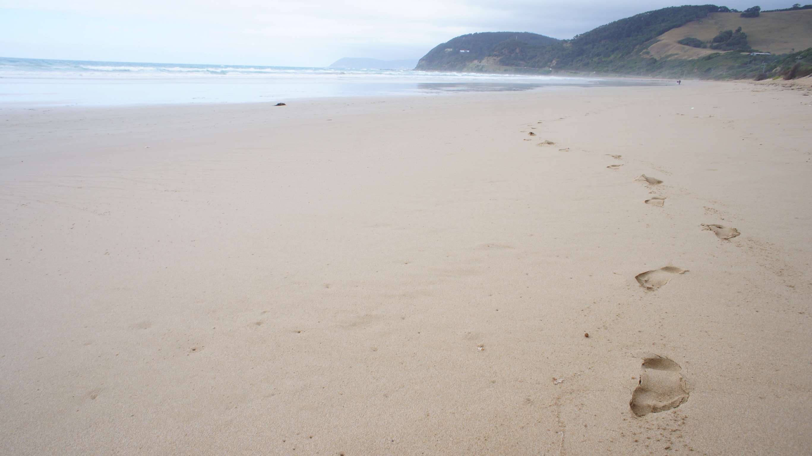 Footprints on a sandy beach with ocean and hills HD Wallpaper
