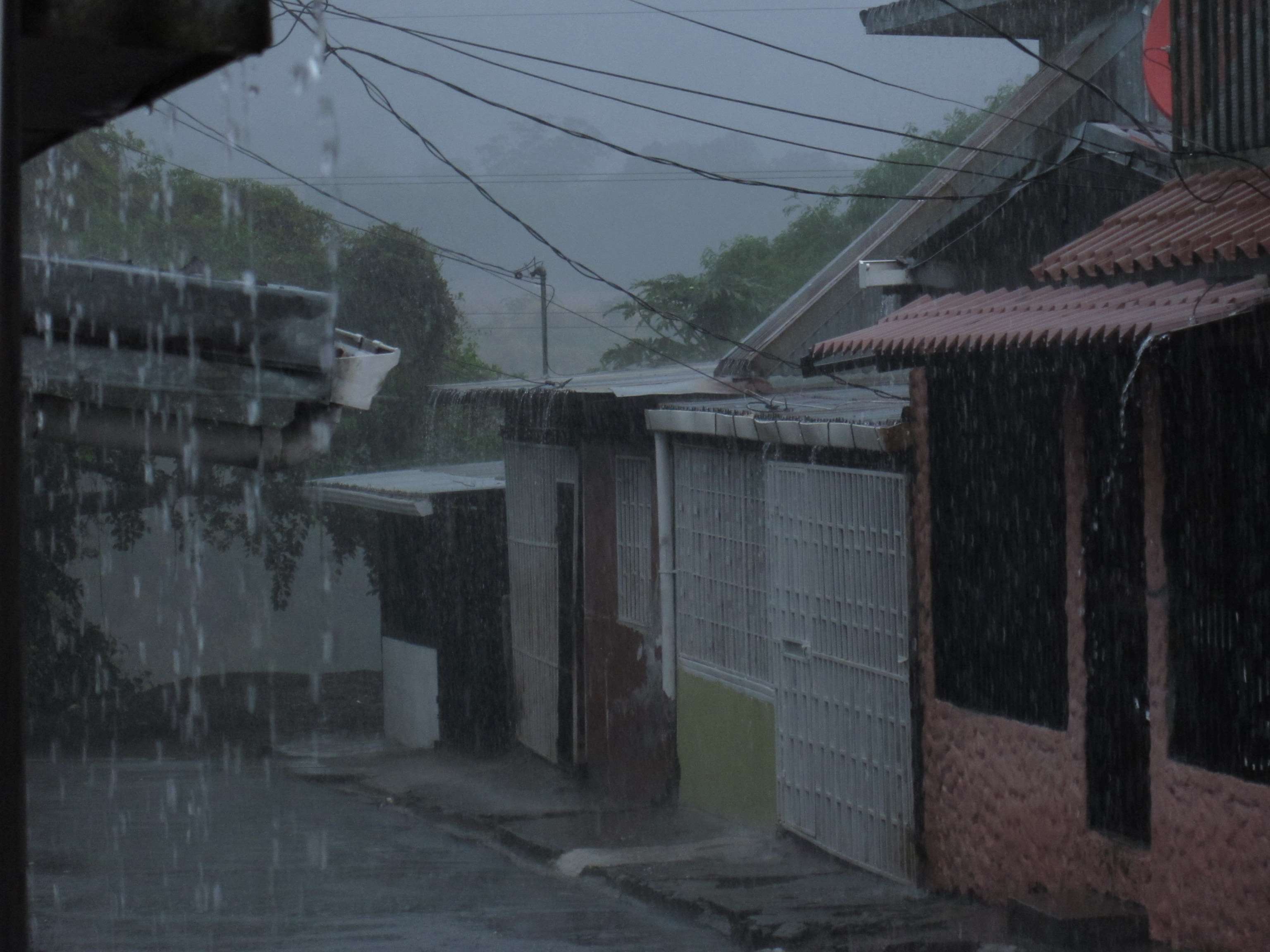 Rainy street with houses and power lines HD Wallpaper