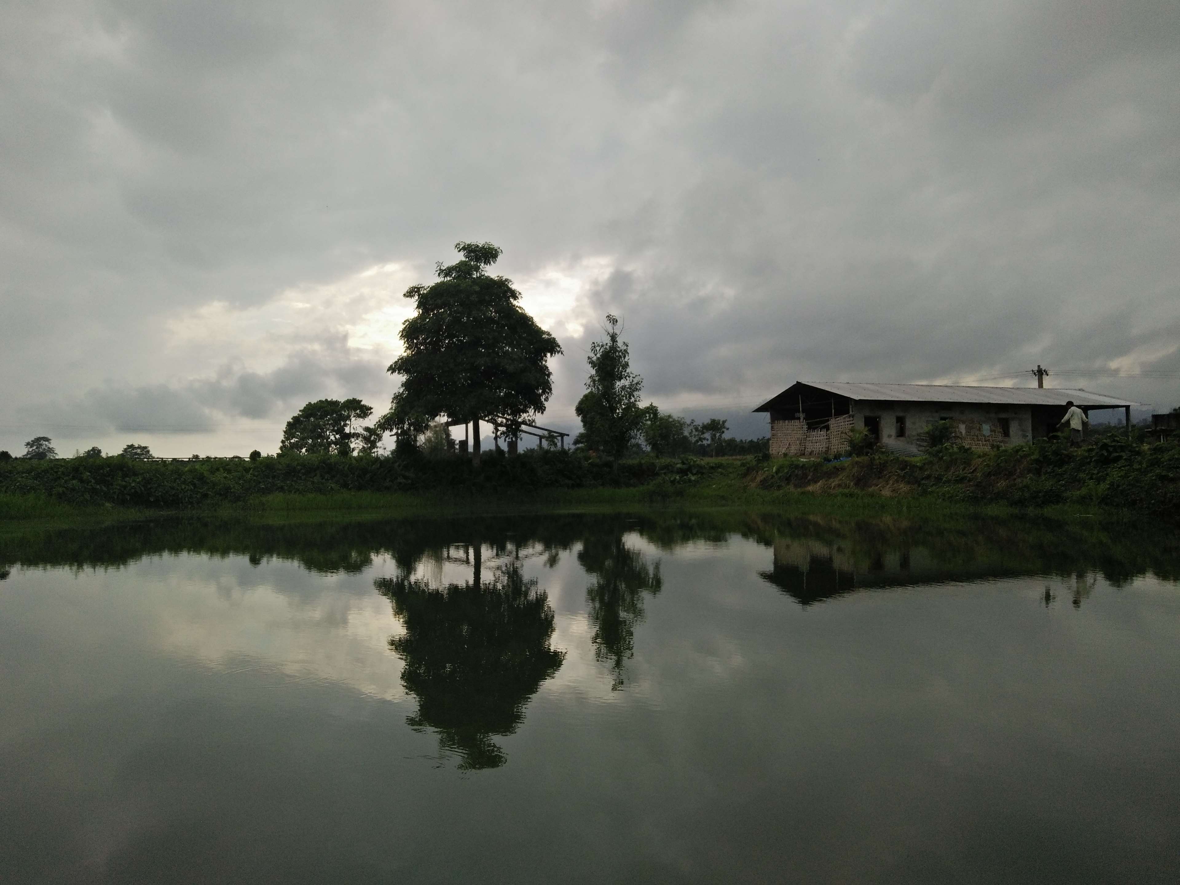 Rural landscape with a house and pond in India HD Wallpaper