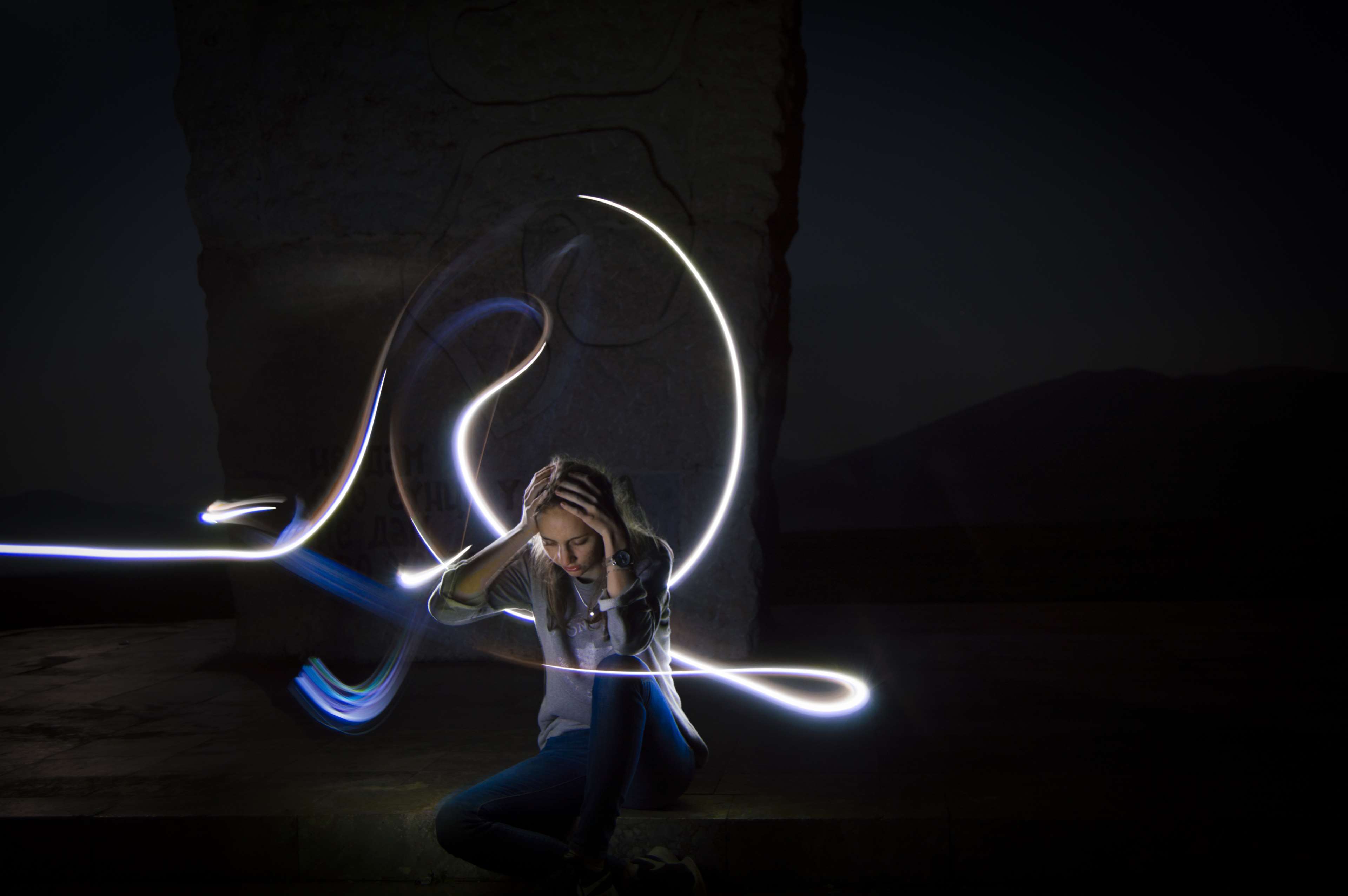 Girl with light painting in the dark HD Wallpaper