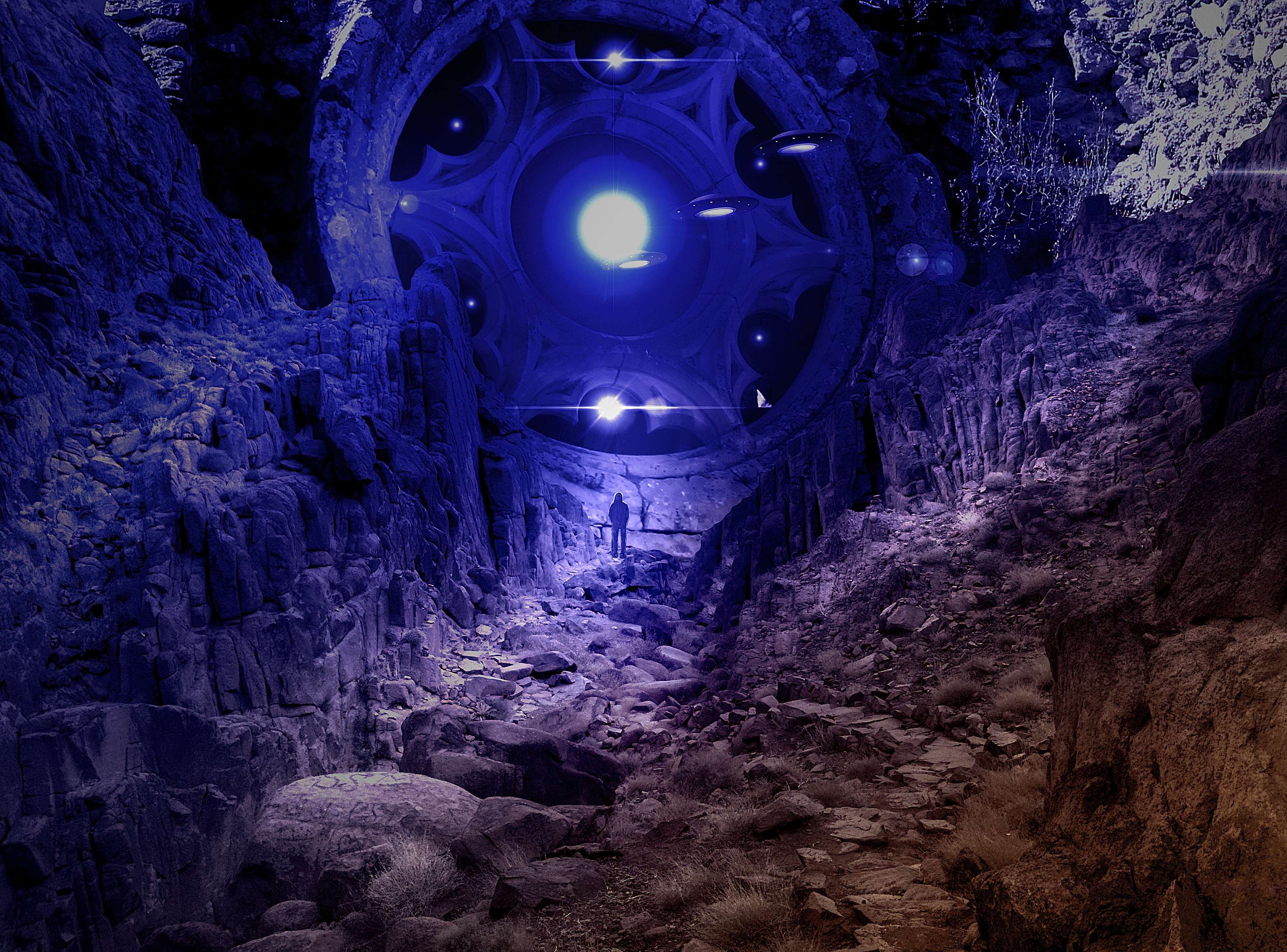 Man in cave with alien spaceship overhead HD Wallpaper