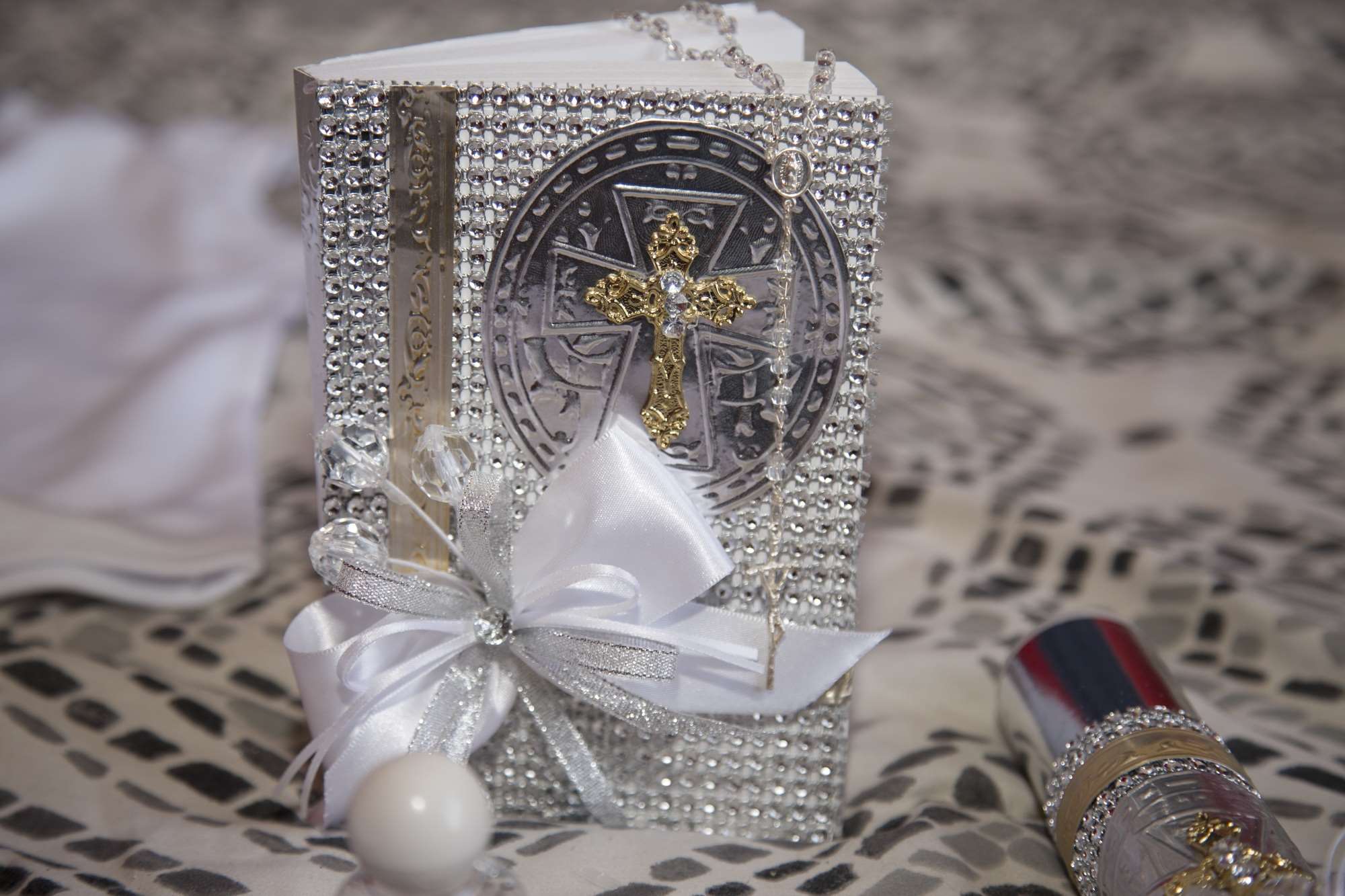 Decorated religious book with rosary and cross HD Wallpaper