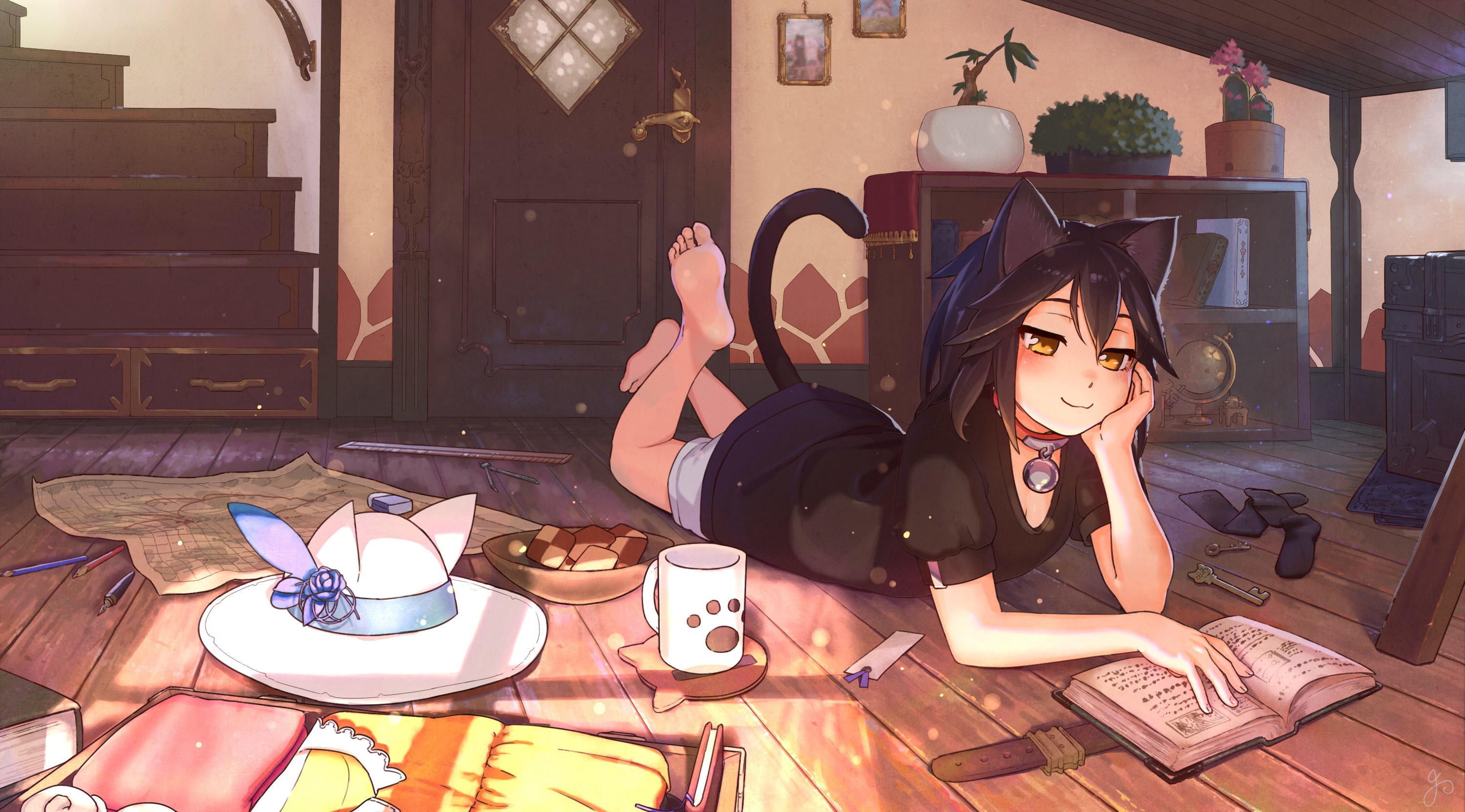 Anime girl with cat ears reading a book HD Wallpaper