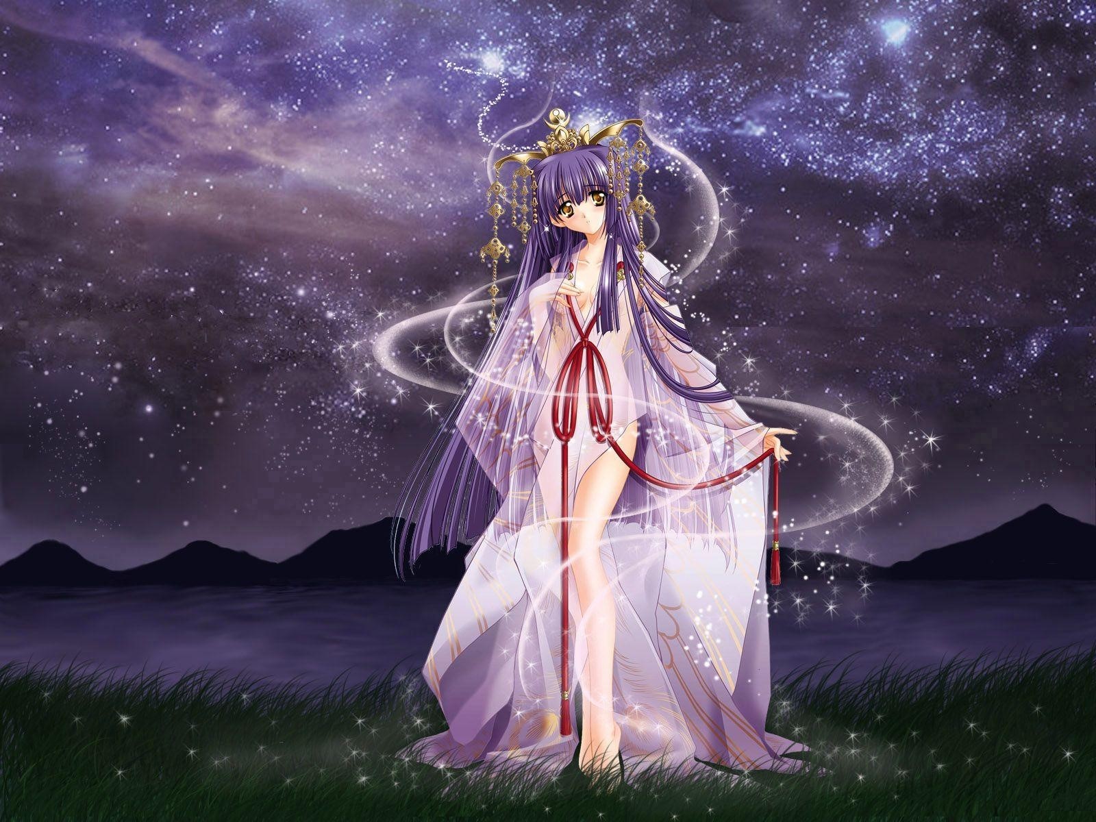 Anime girl with purple hair under a starry night sky HD Wallpaper