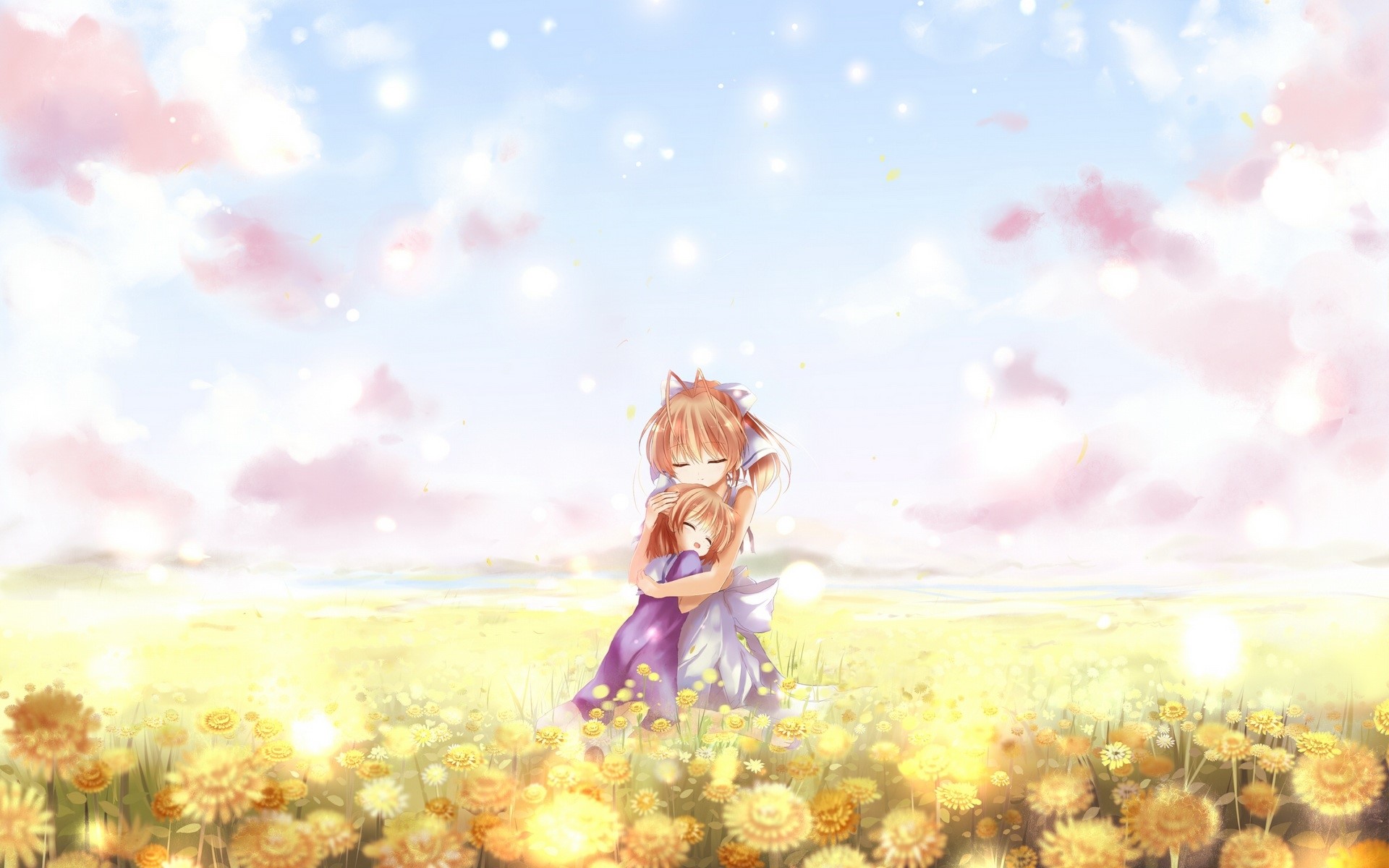 Two girls hugging in a field of flowers HD Wallpaper