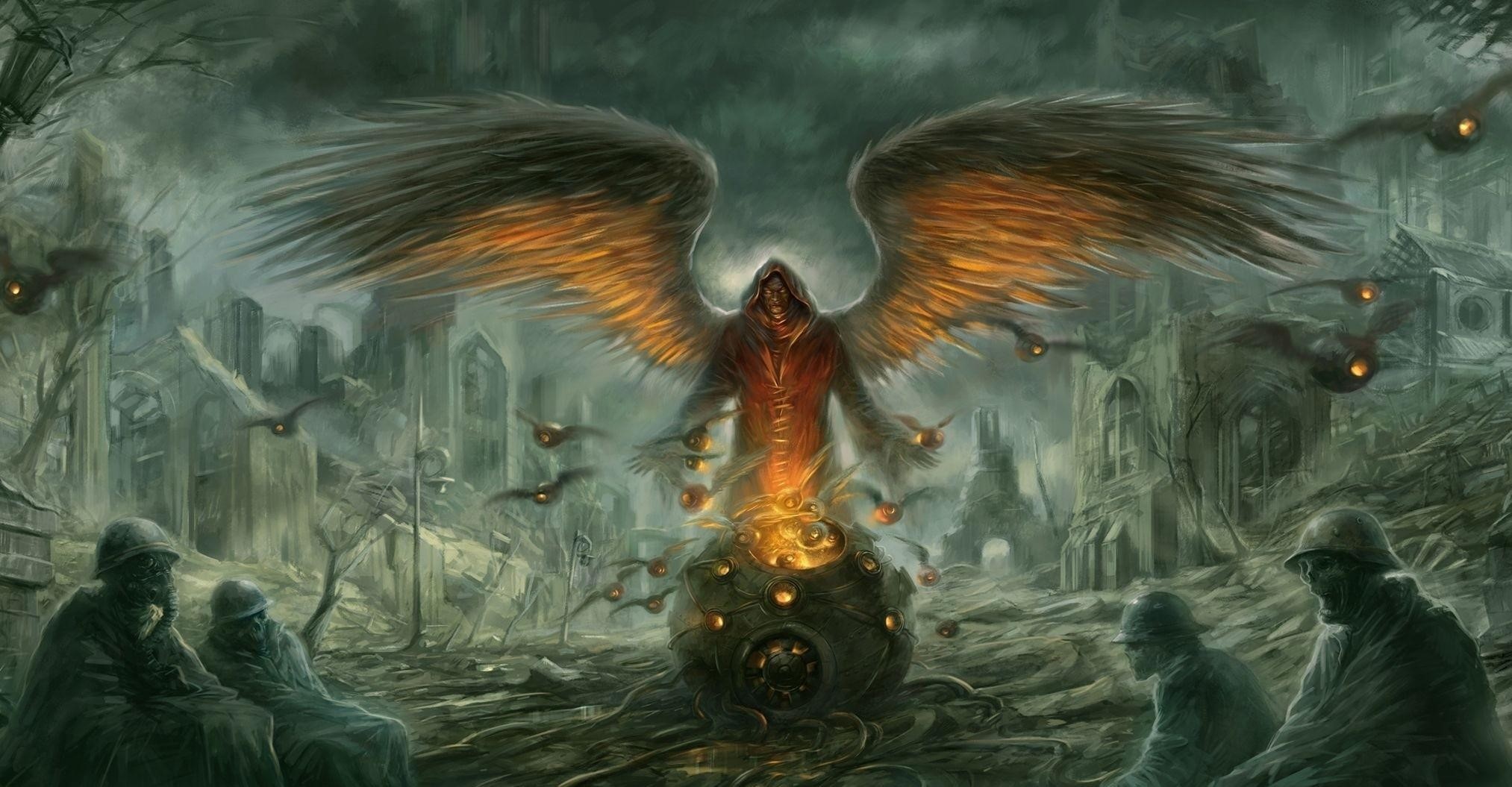 Winged figure over a destroyed city with soldiers HD Wallpaper