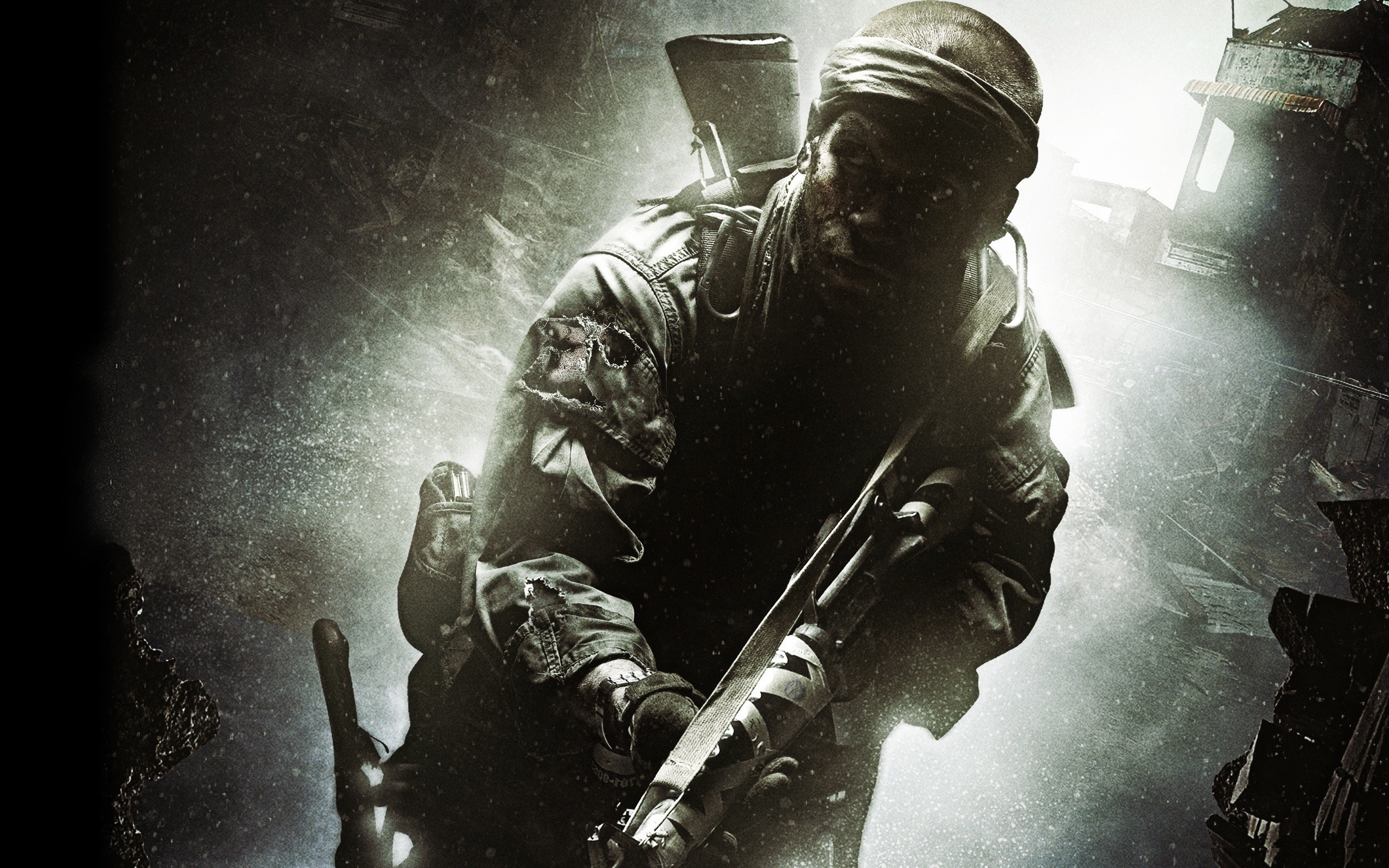 Soldier with a rifle in a war-torn environment HD Wallpaper