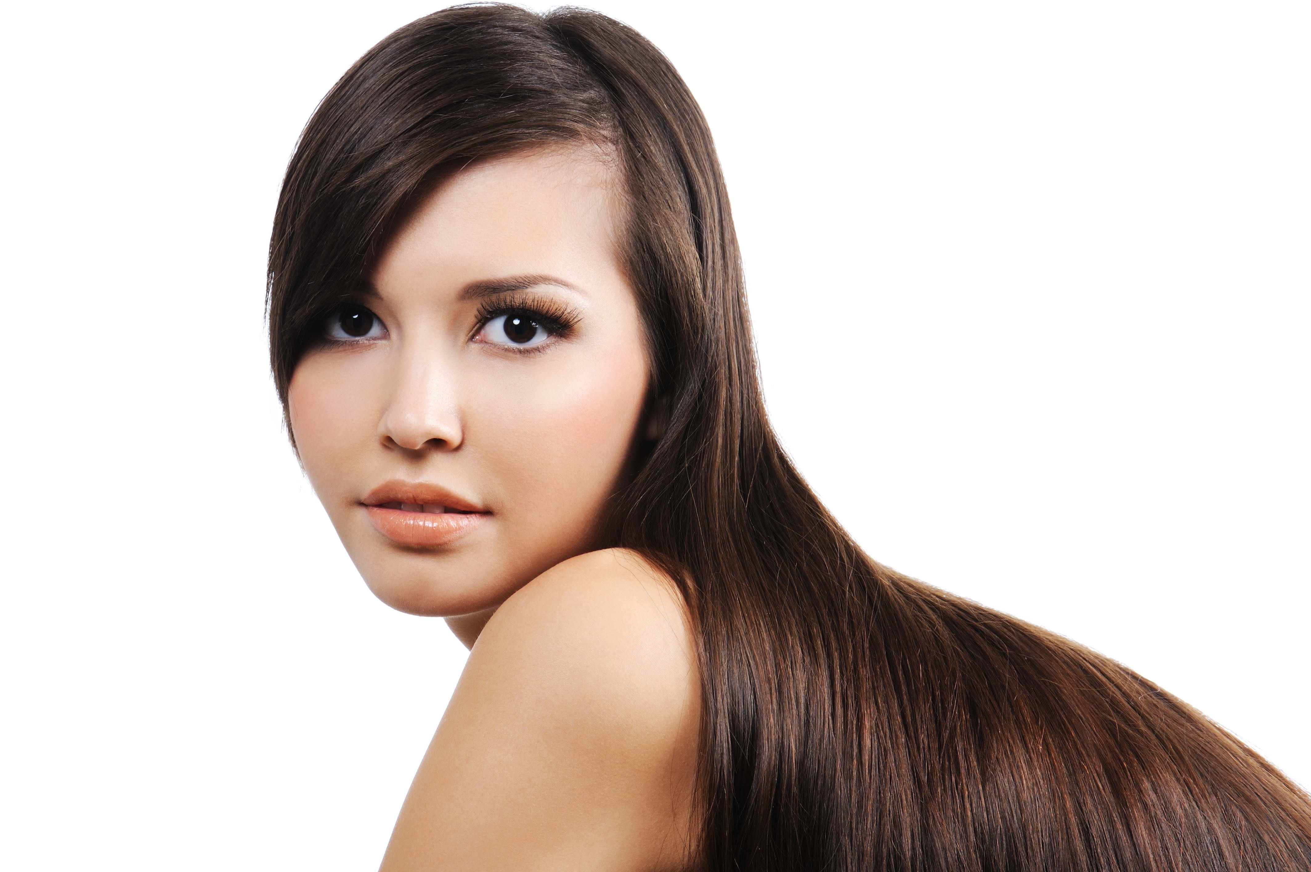 Brunette girl with long dark hair on white background HD Wallpaper
