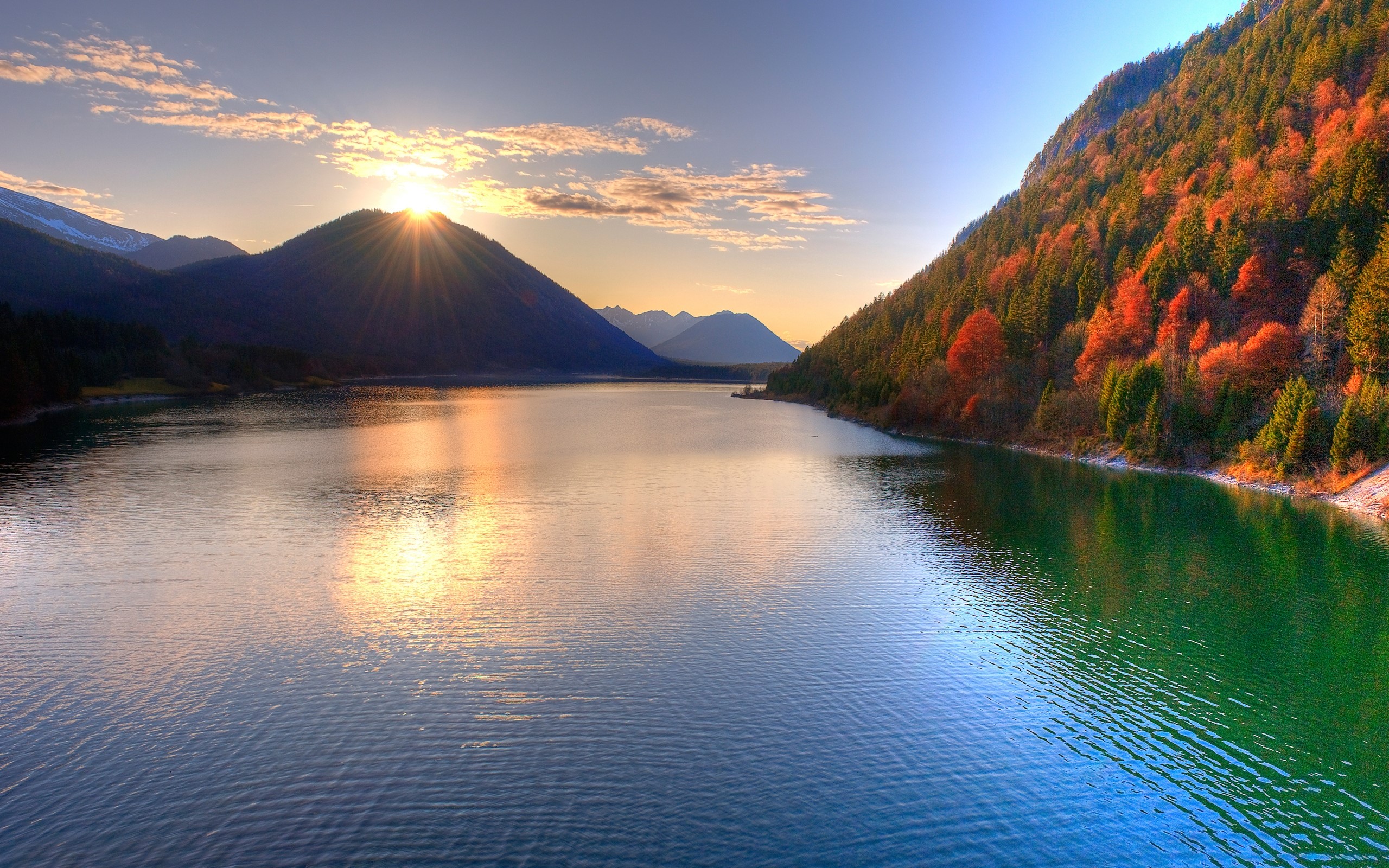 Lake and mountains at sunset with autumn foliage HD Wallpaper
