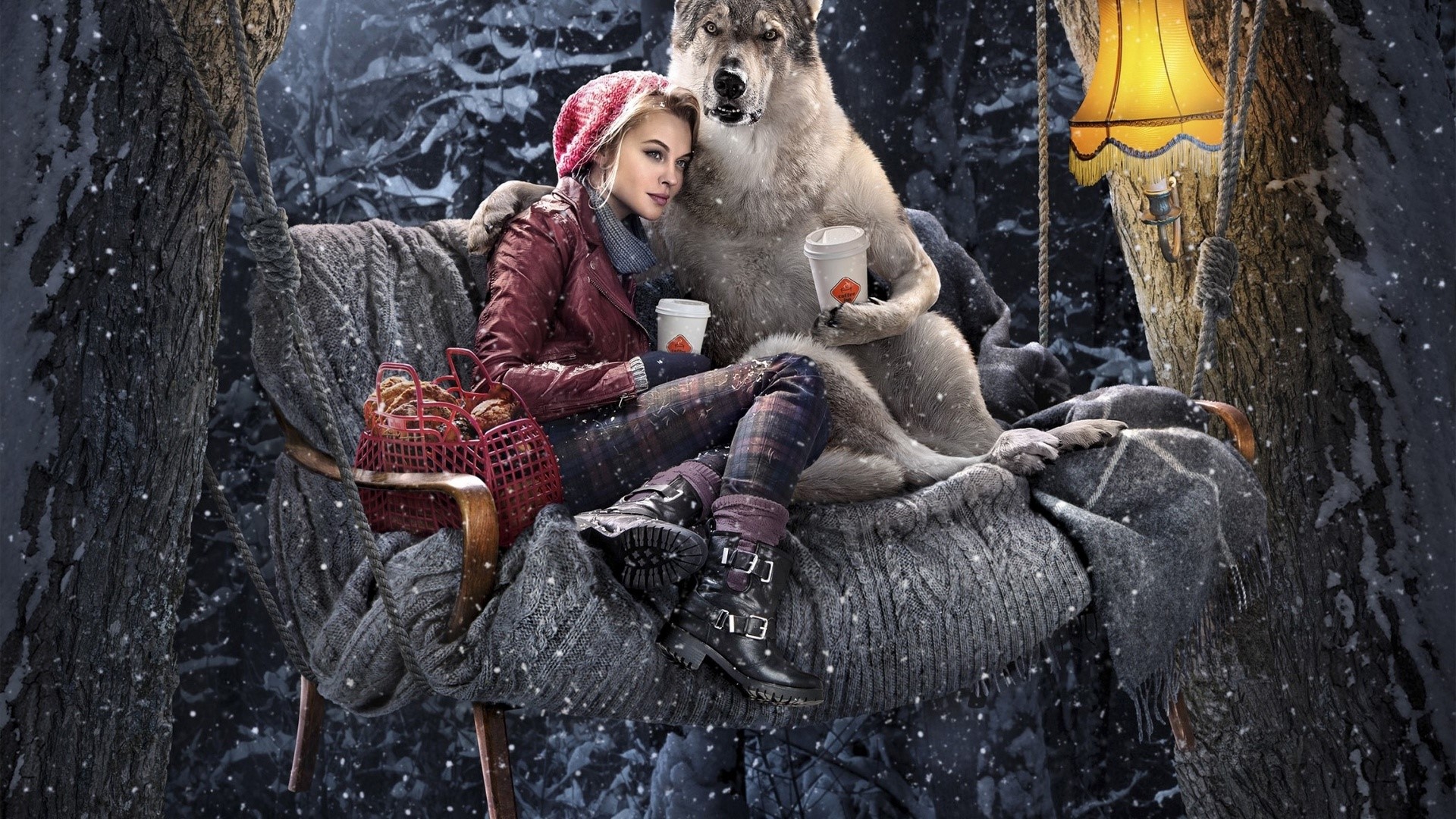 Red Riding Hood and Wolf in a Winter Forest HD Wallpaper