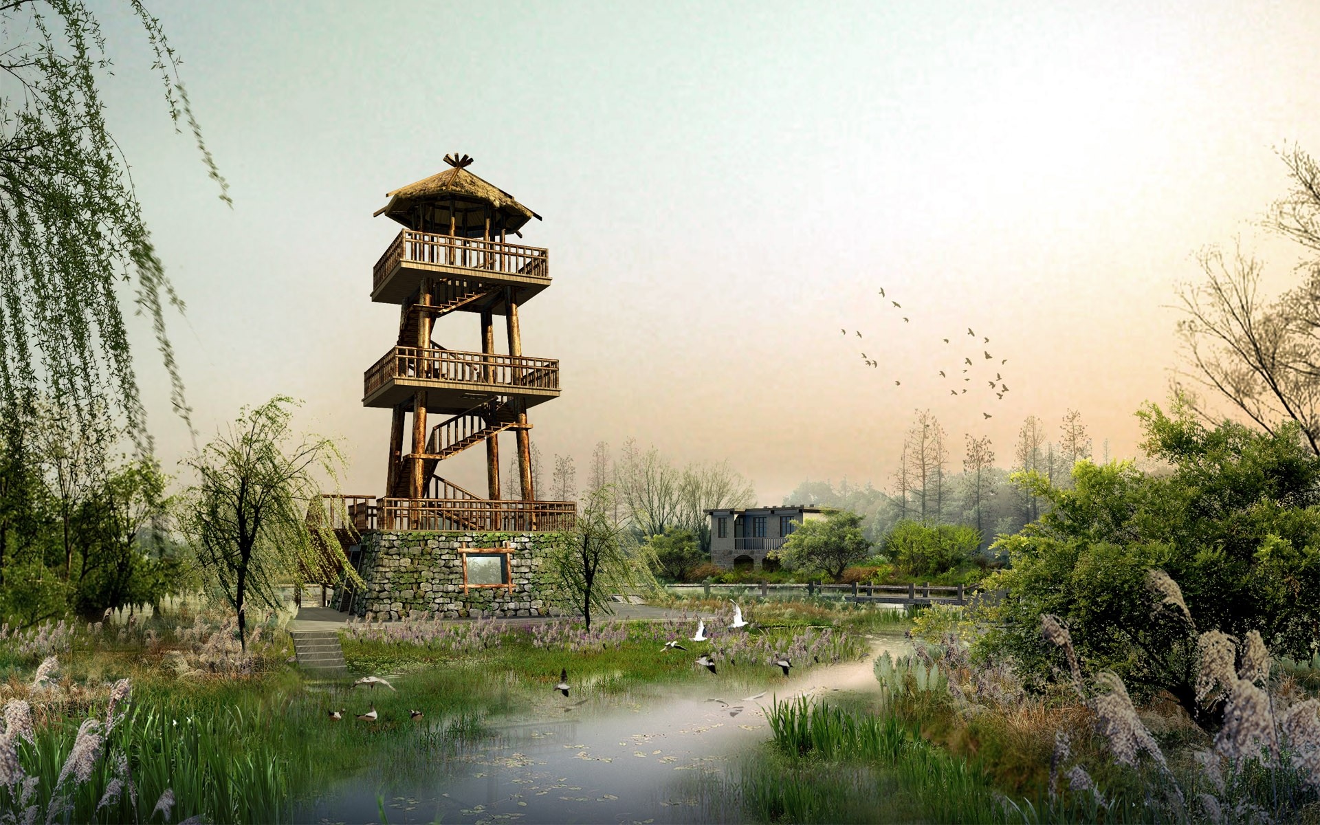 Wooden observation tower by a tranquil pond with birds flying HD Wallpaper