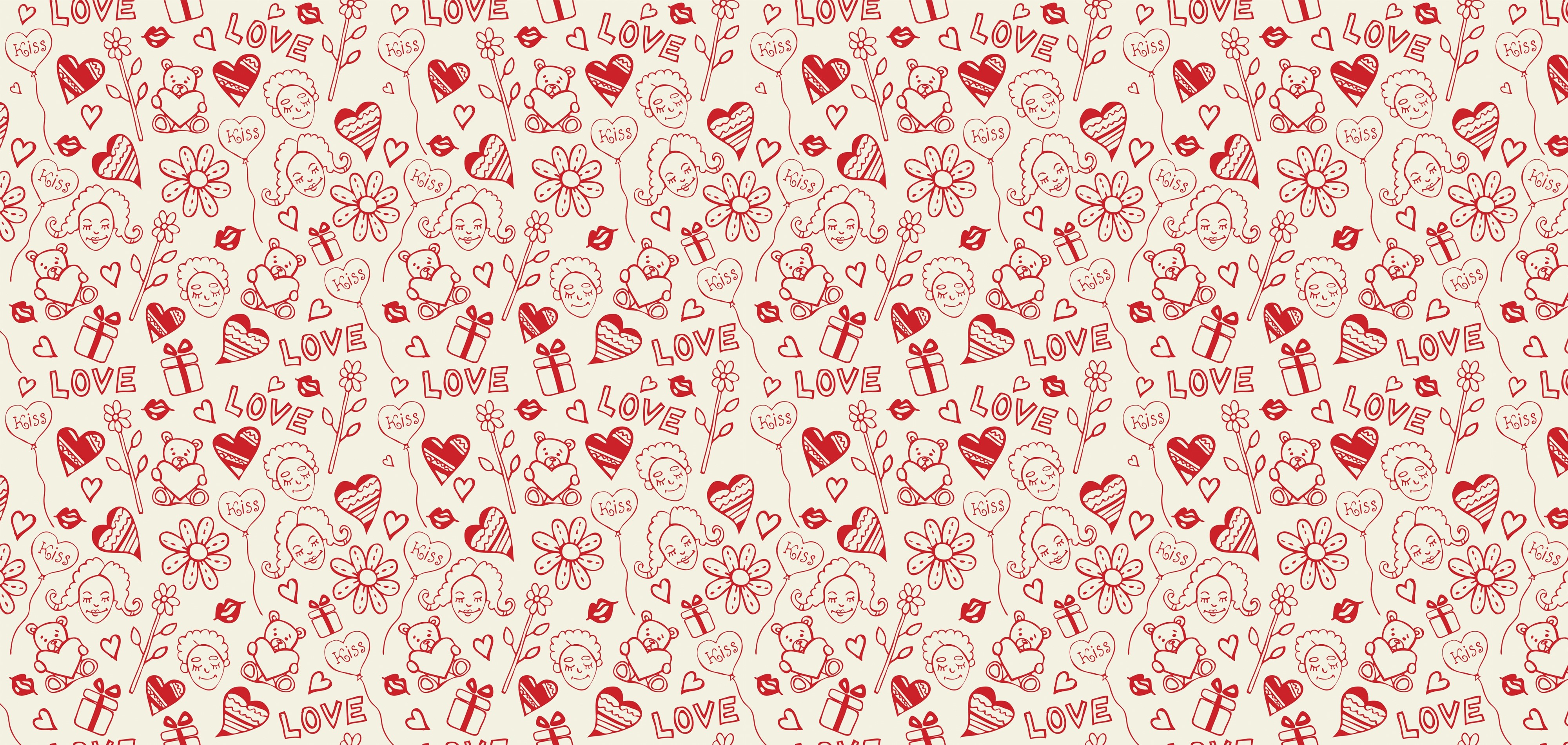 Valentine's Day doodle pattern with hearts and teddy bears HD Wallpaper