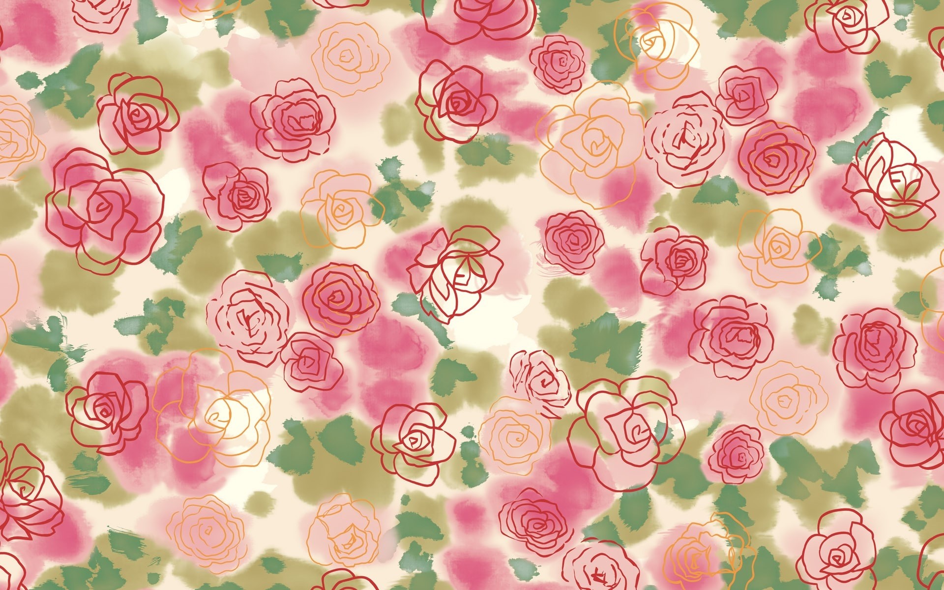Watercolor roses with outline drawing HD Wallpaper