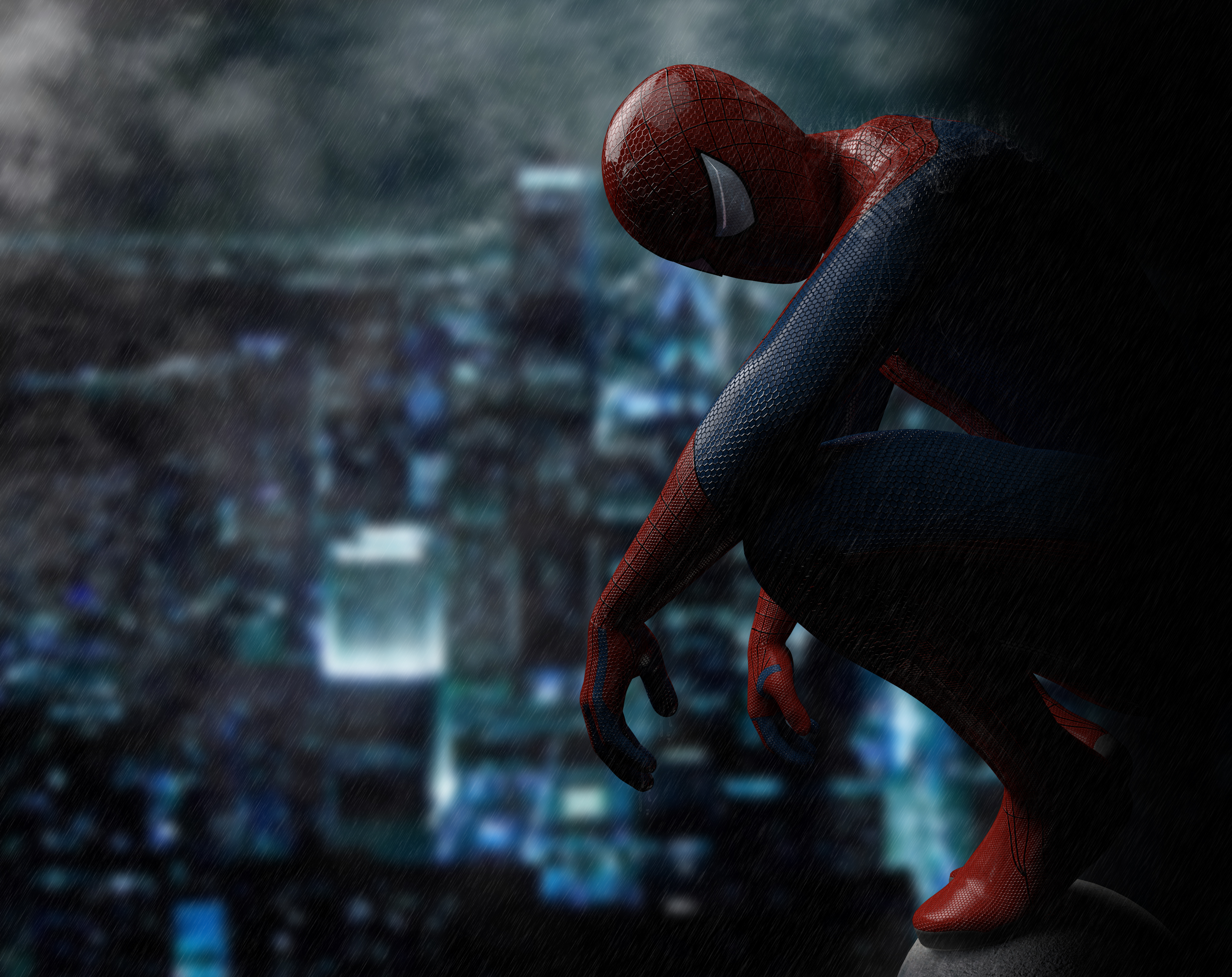 Spiderman crouched on a ledge in the rain HD Wallpaper