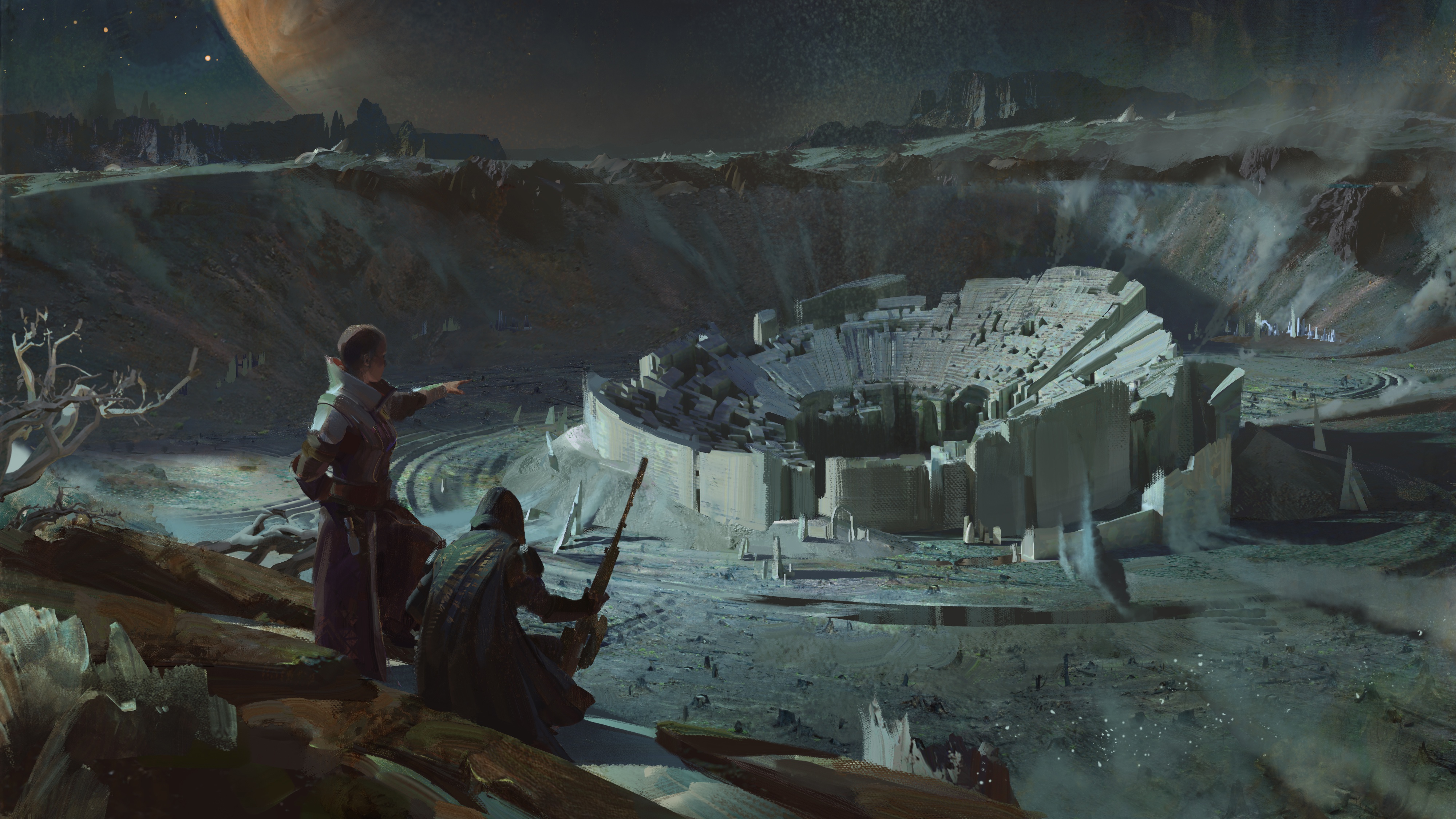 Two figures explore ancient ruins on an alien planet with a large planet in the sky HD Wallpaper