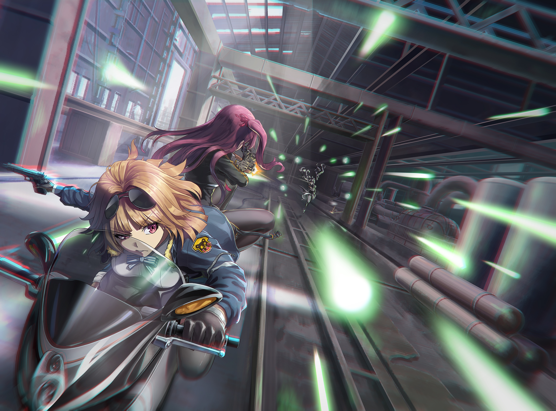 Girls Frontline anime girls on a motorcycle in a factory HD Wallpaper