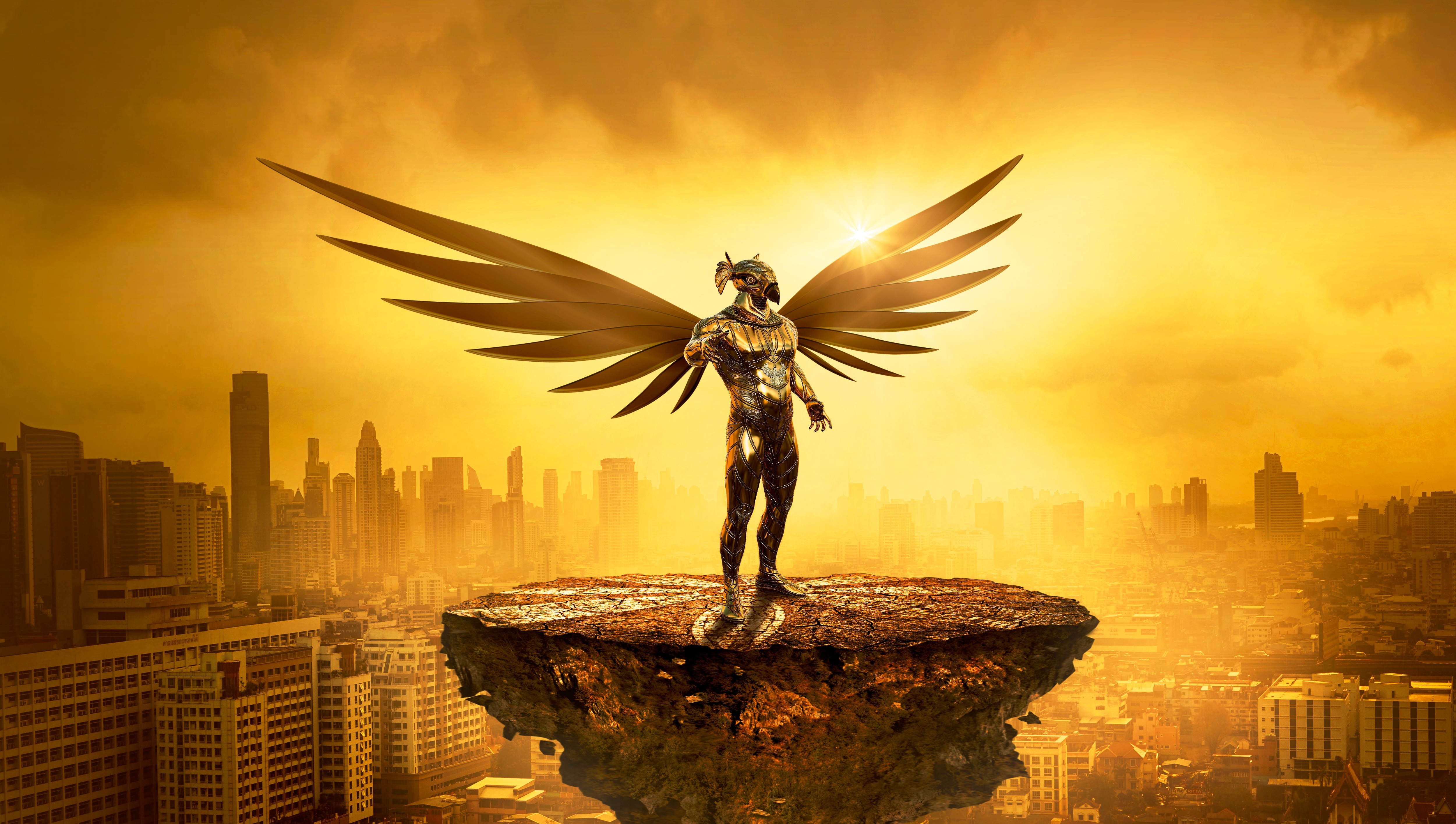 Golden winged figure on floating island over city HD Wallpaper